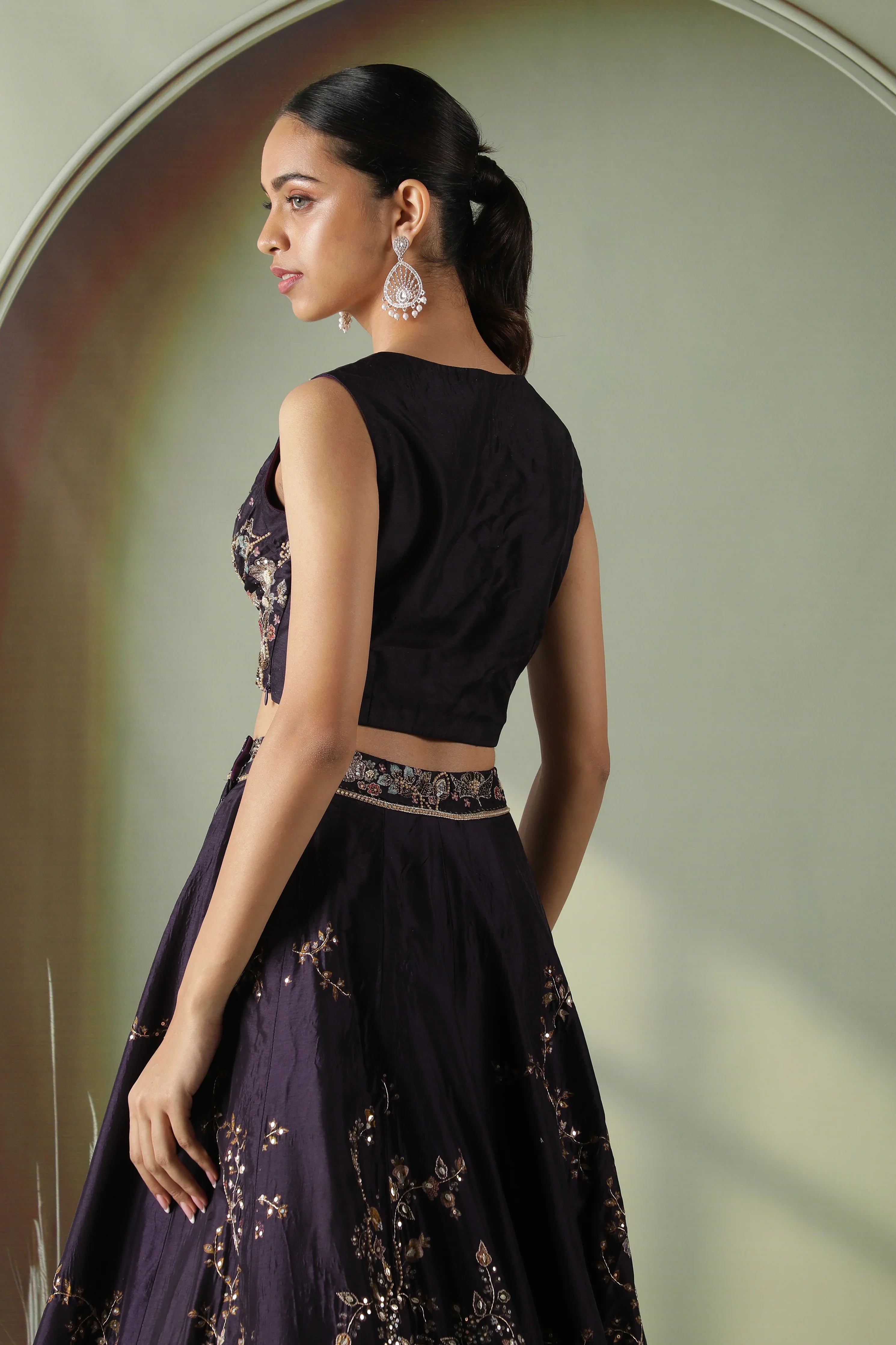 Purple Silk Lehenga with Printed Cape - Mokshaa