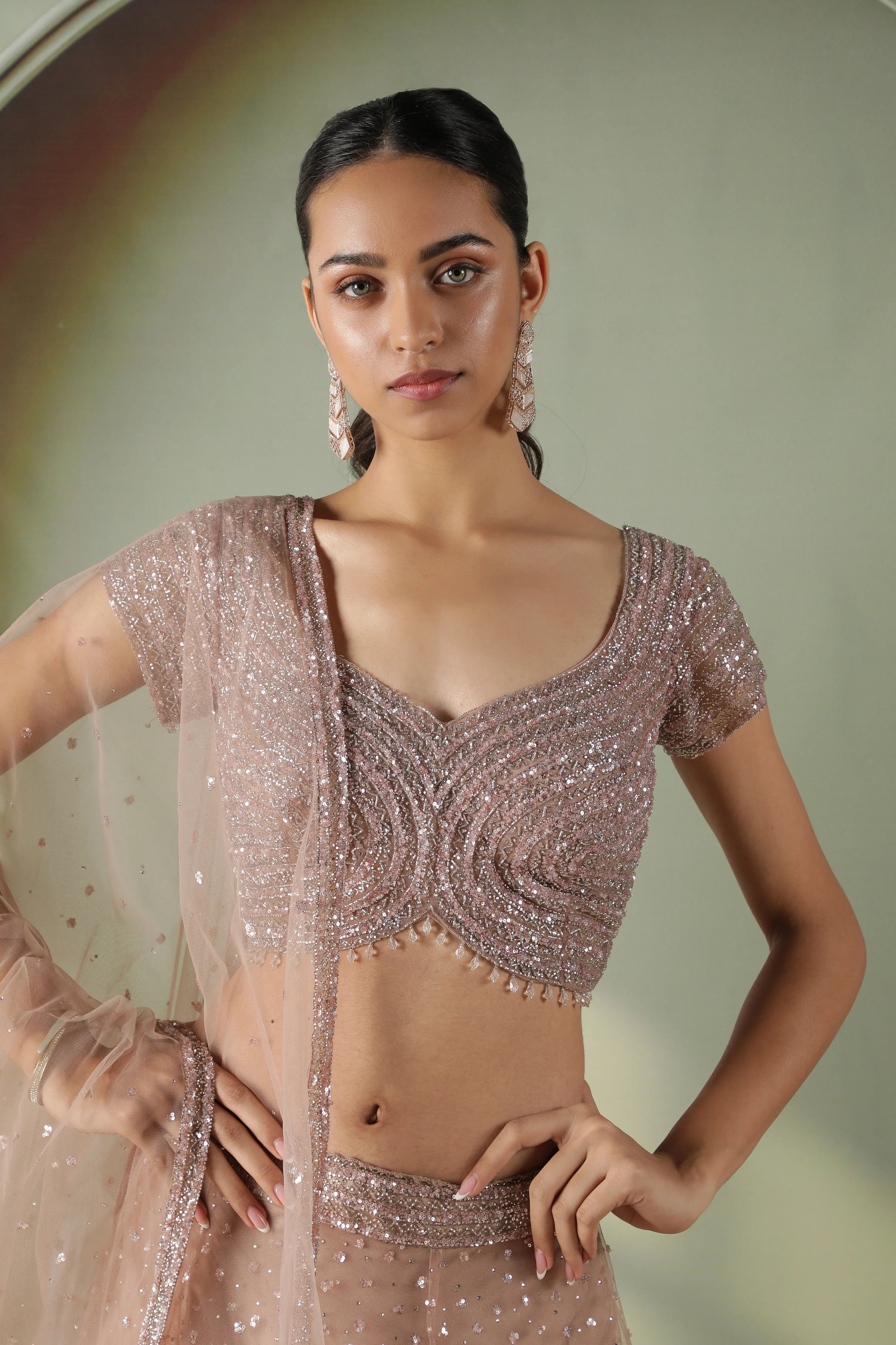 Dusty Mauve Net Lehenga Set - Mokshaa