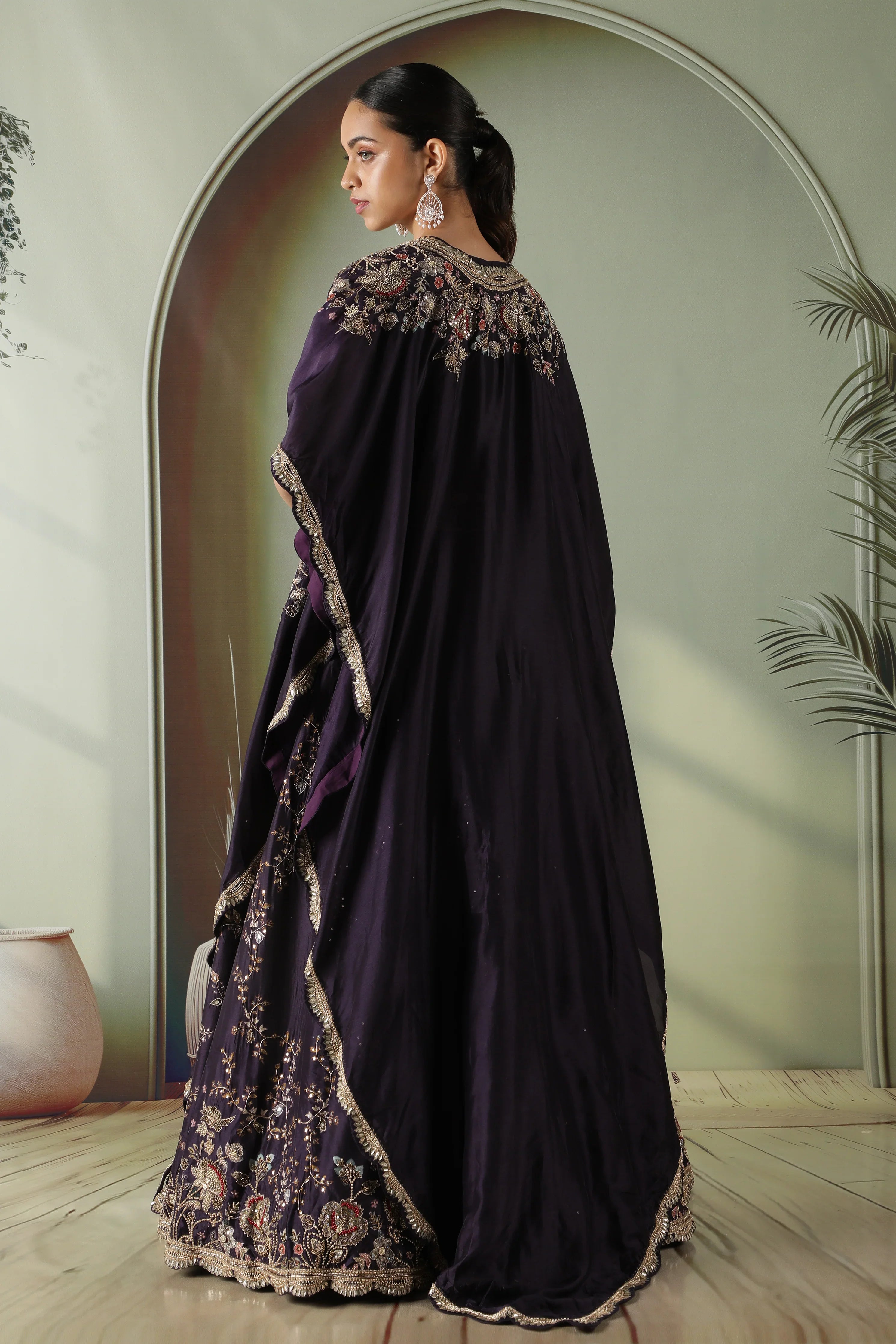 Purple Silk Lehenga with Printed Cape - Mokshaa