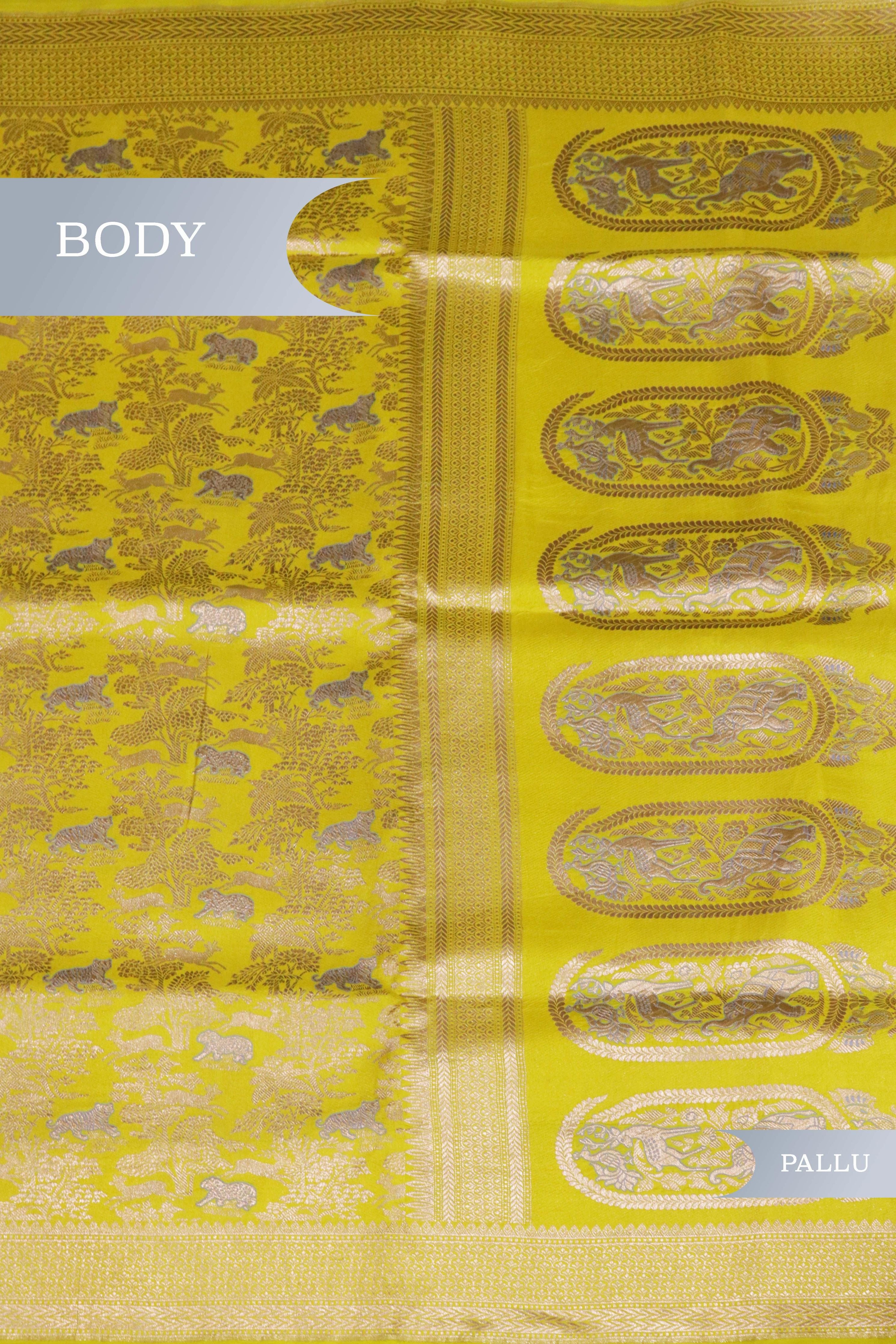 Yellow Banarasi Animal Motif Silk Saree - Mokshaa