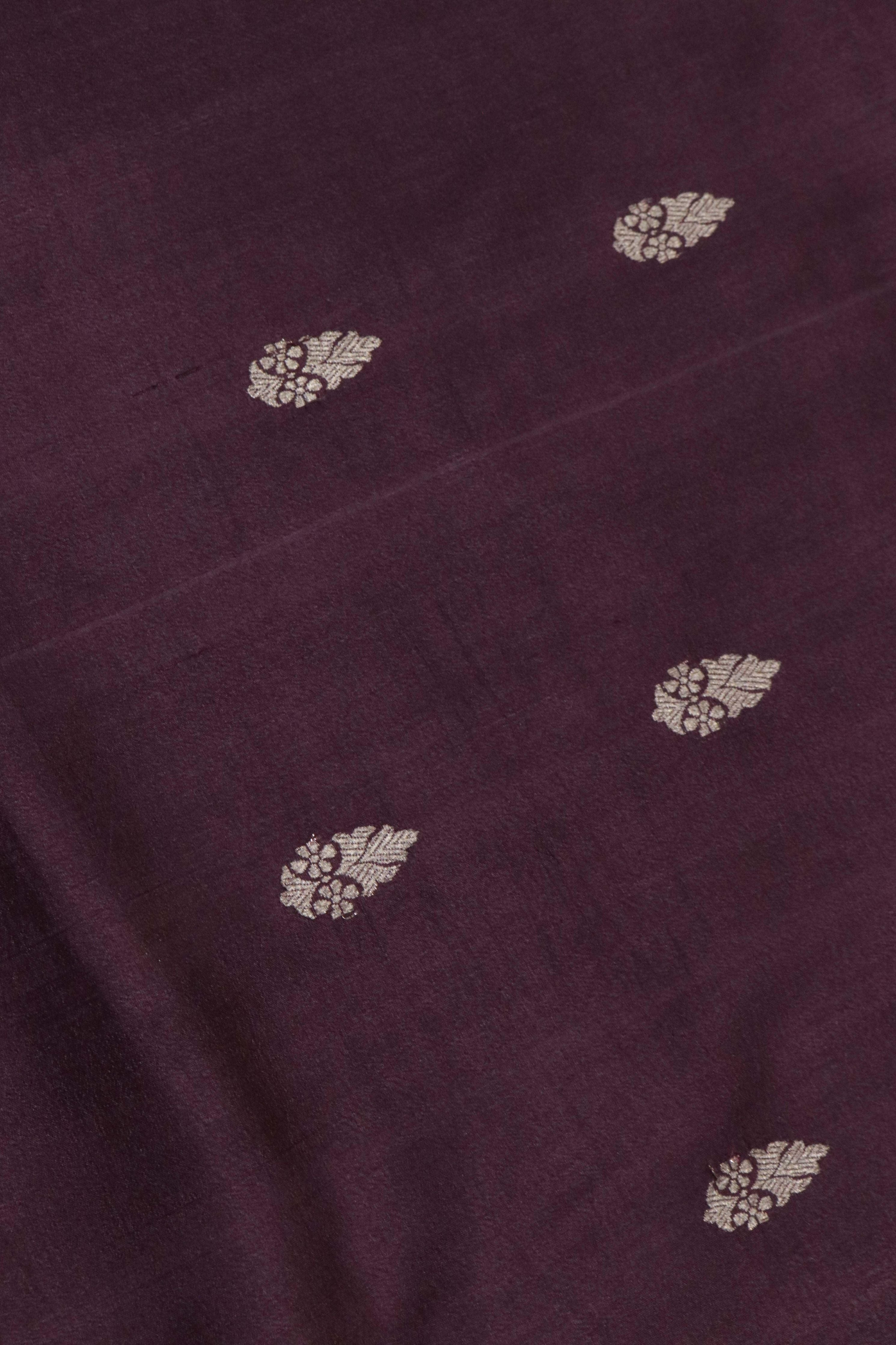 Wine Tussar Silk Saree with Silver Zari Motifs & Printed Border - Mokshaa