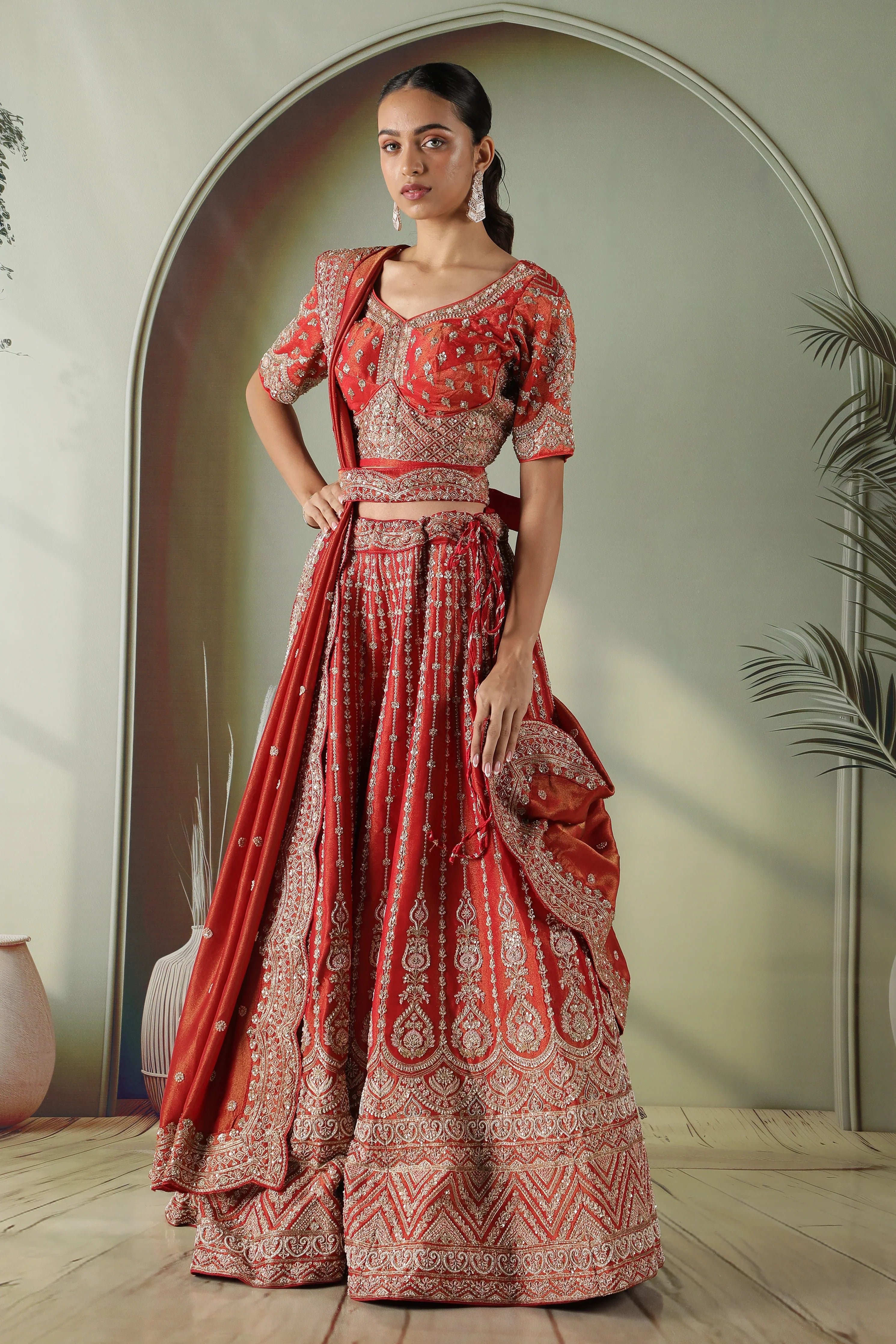 Rust Tissue Silk Bridal Lehenga Set - Mokshaa