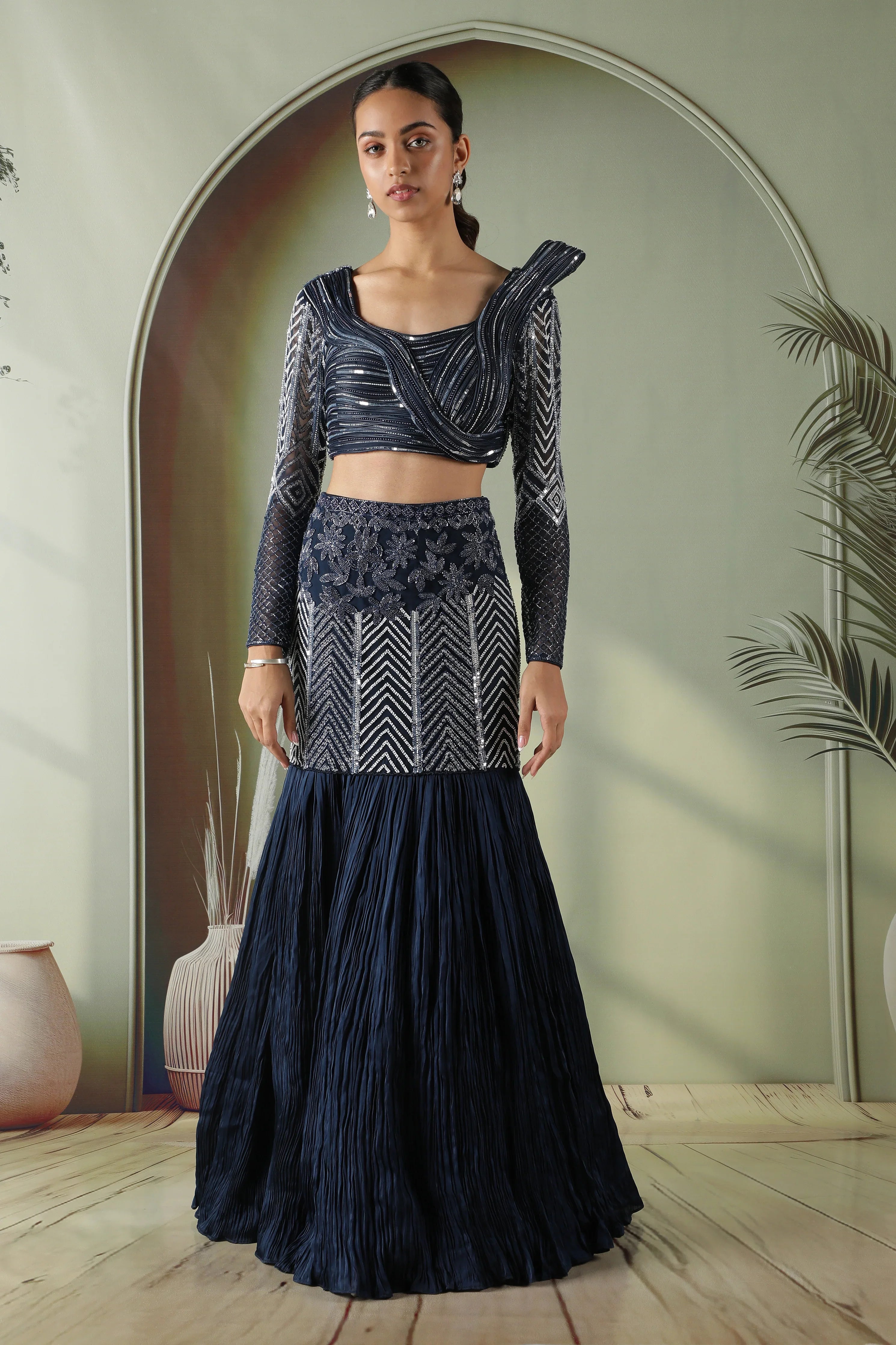 Navy Blue Silk Mermaid Cut Lehenga with Draped Blouse - Mokshaa
