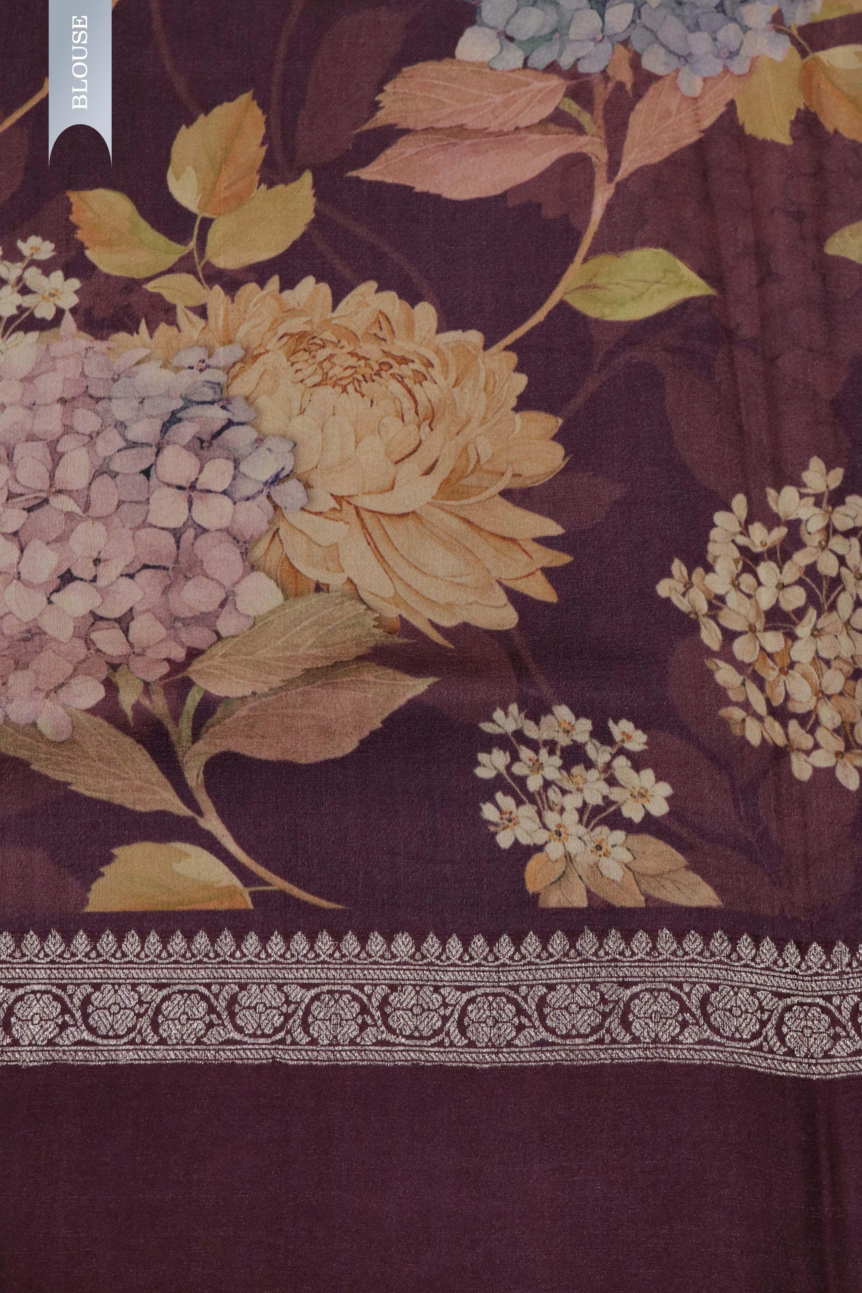 Wine Tussar Silk Saree with Silver Zari Motifs & Printed Border - Mokshaa
