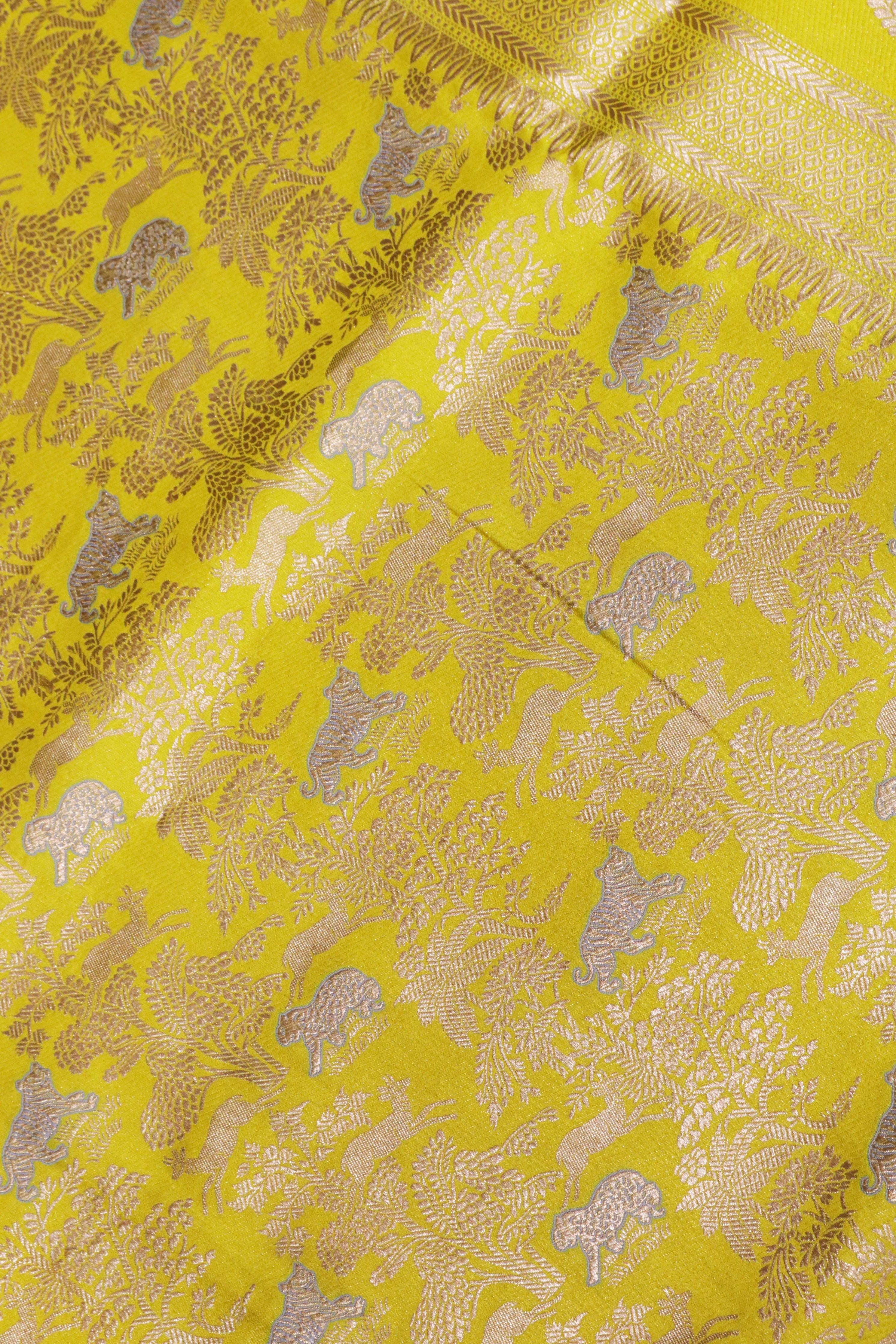 Yellow Banarasi Animal Motif Silk Saree - Mokshaa
