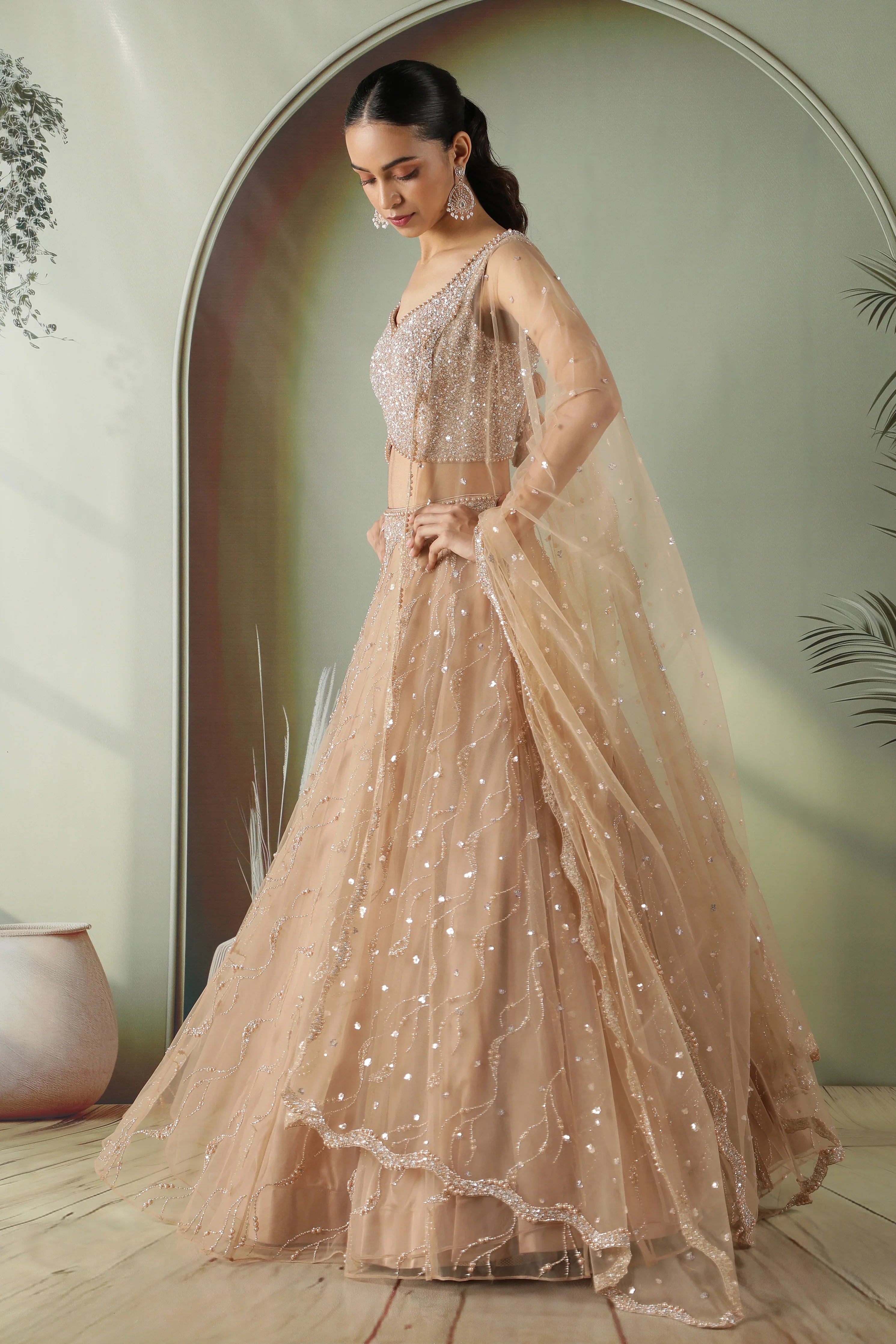 Nude Gold Sequin Embellished Net Lehenga Set - Mokshaa