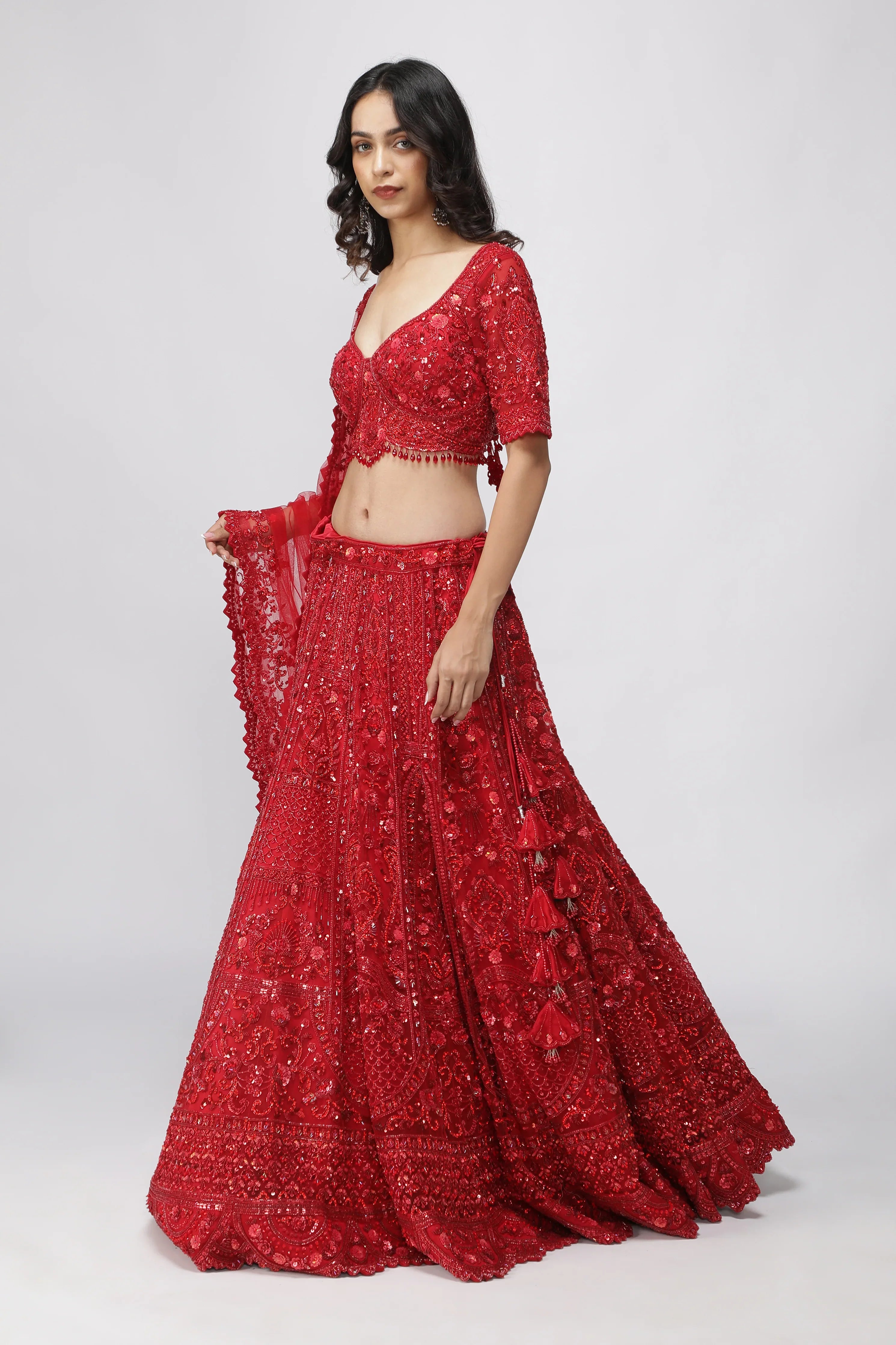 Red Net Sequin Embroidered Bridal Lehenga Set - Mokshaa