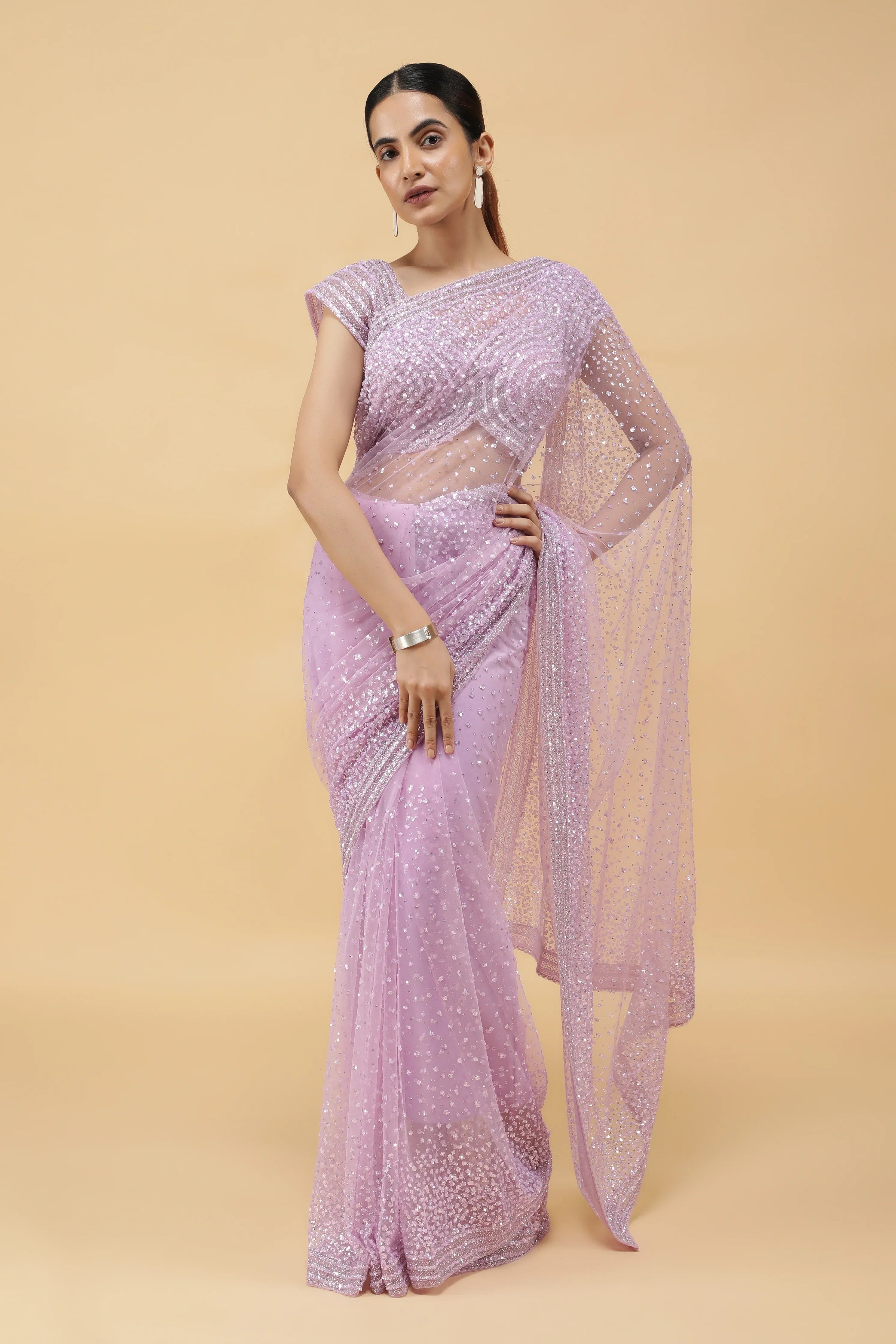 Light Lavender Net Saree with All Over Sequins - Mokshaa