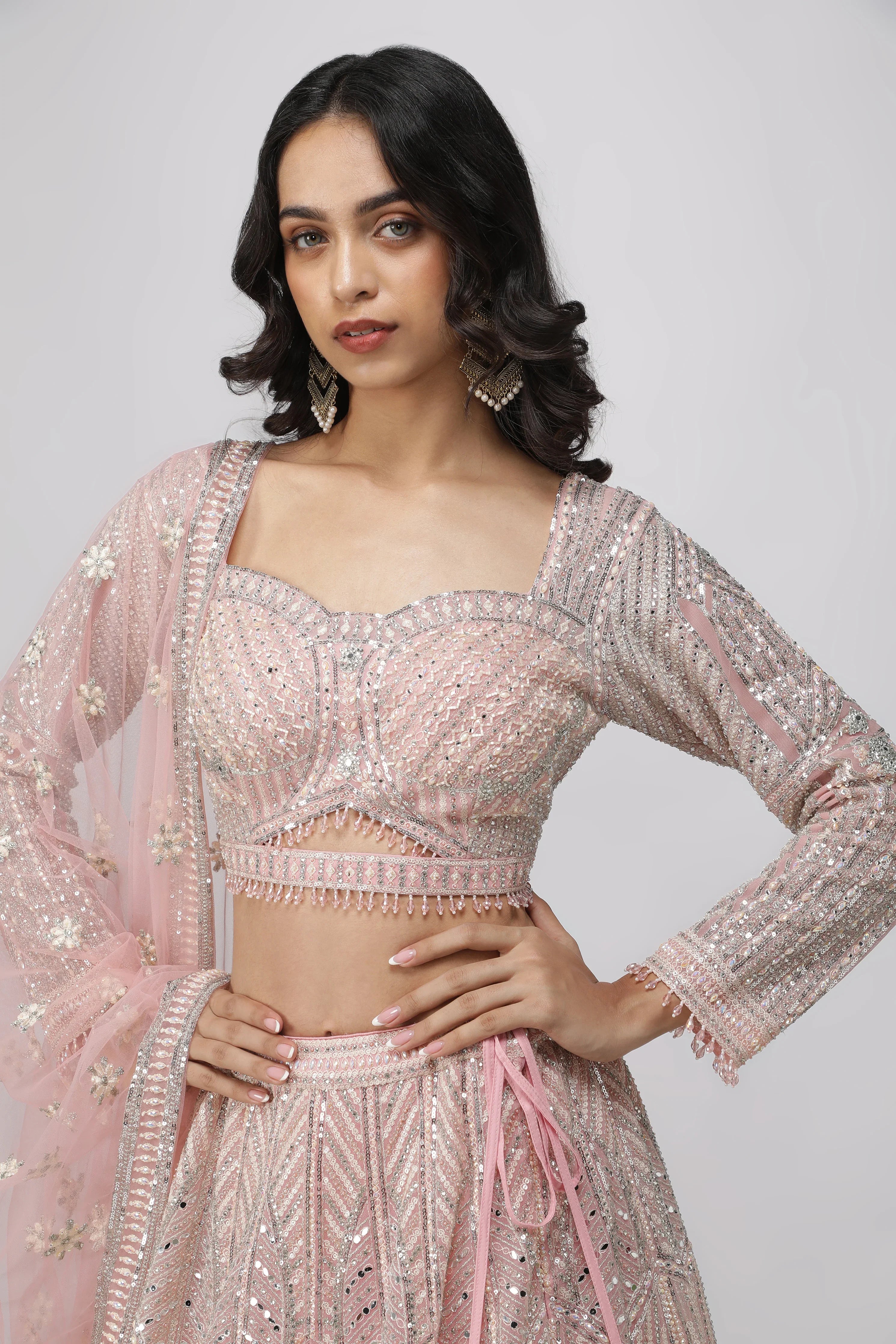 Pink Net Lehenga Set - Mokshaa
