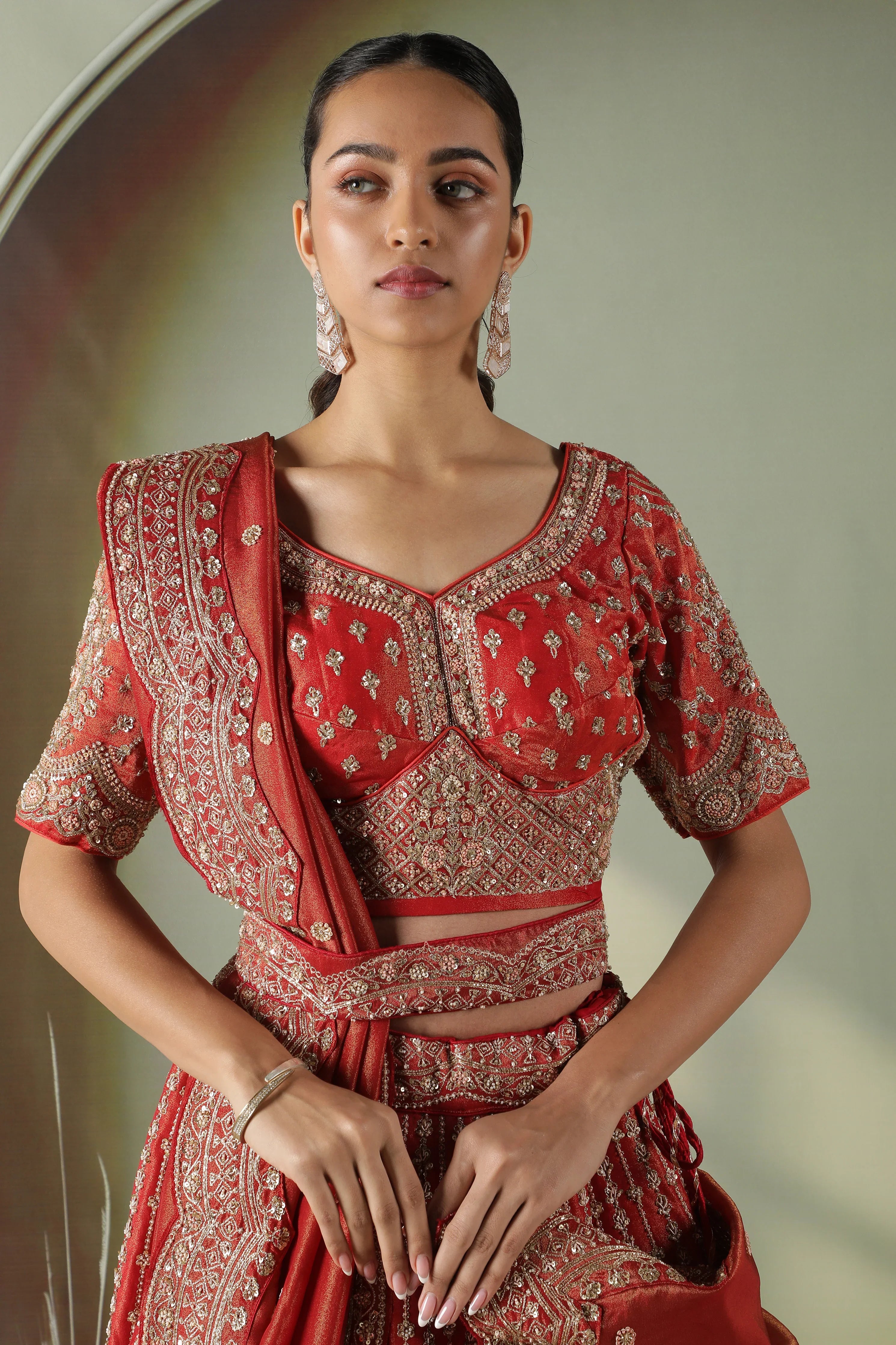 Rust Tissue Silk Bridal Lehenga Set - Mokshaa