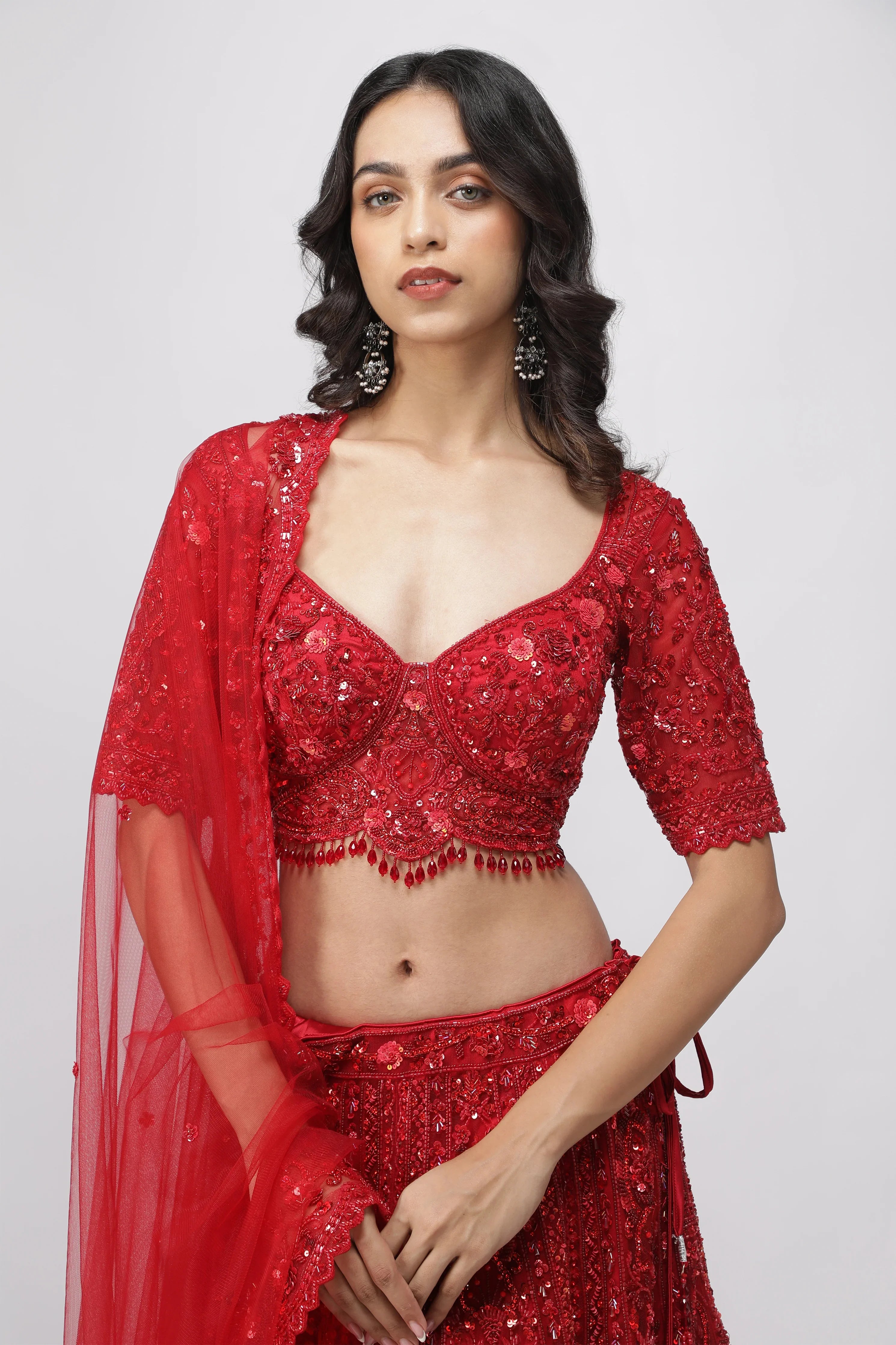 Red Net Sequin Embroidered Bridal Lehenga Set - Mokshaa