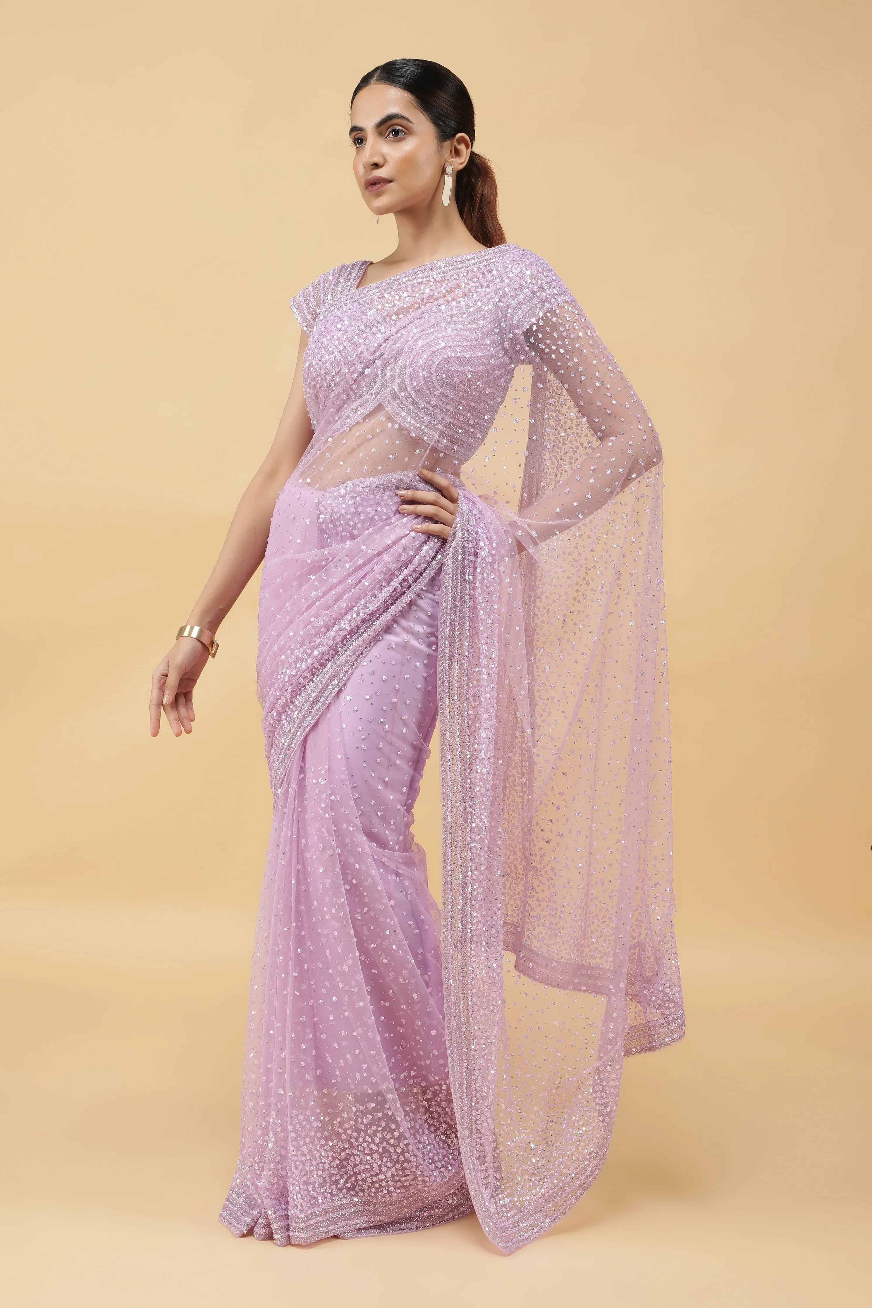 Light Lavender Net Saree with All Over Sequins - Mokshaa