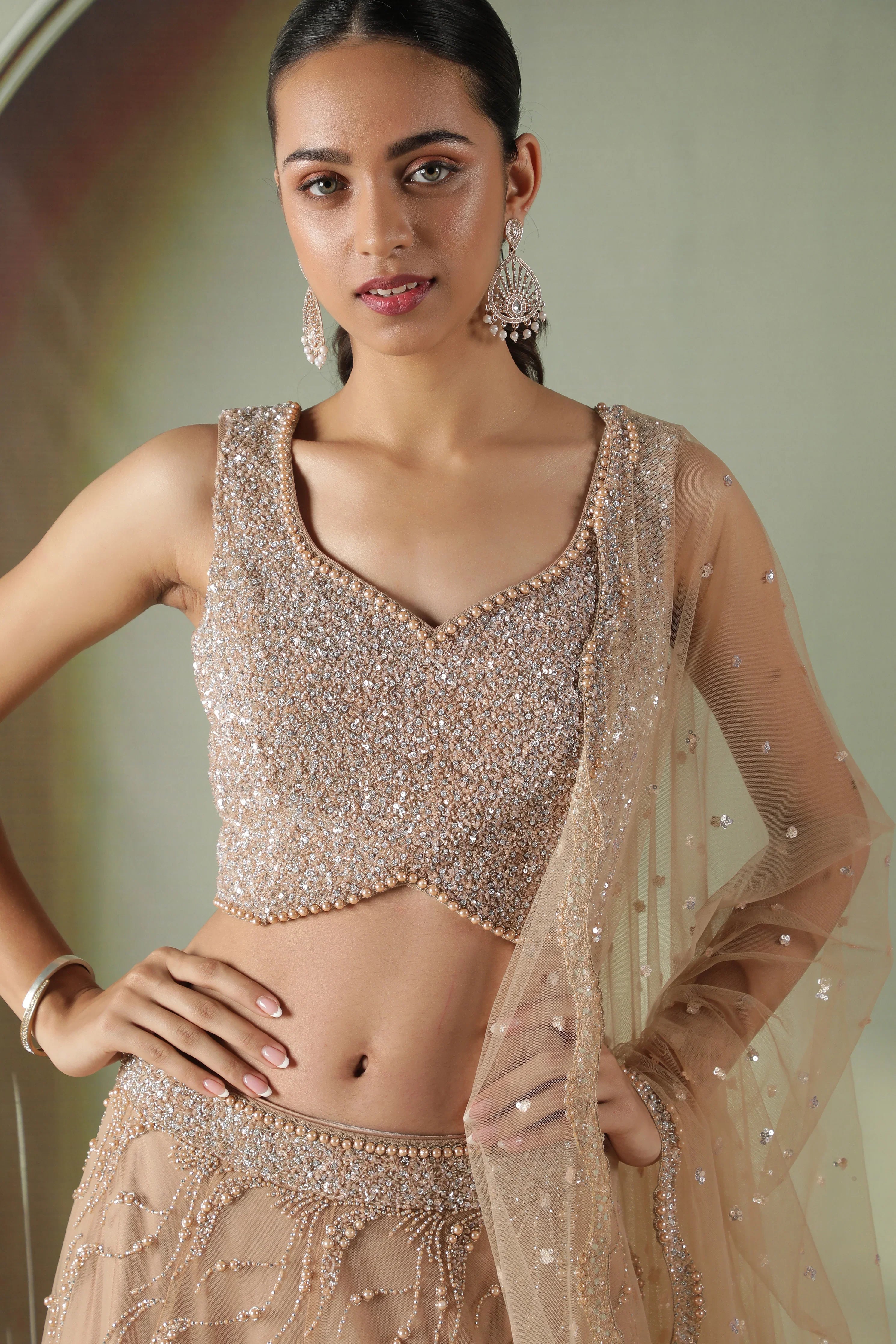Nude Gold Sequin Embellished Net Lehenga Set - Mokshaa