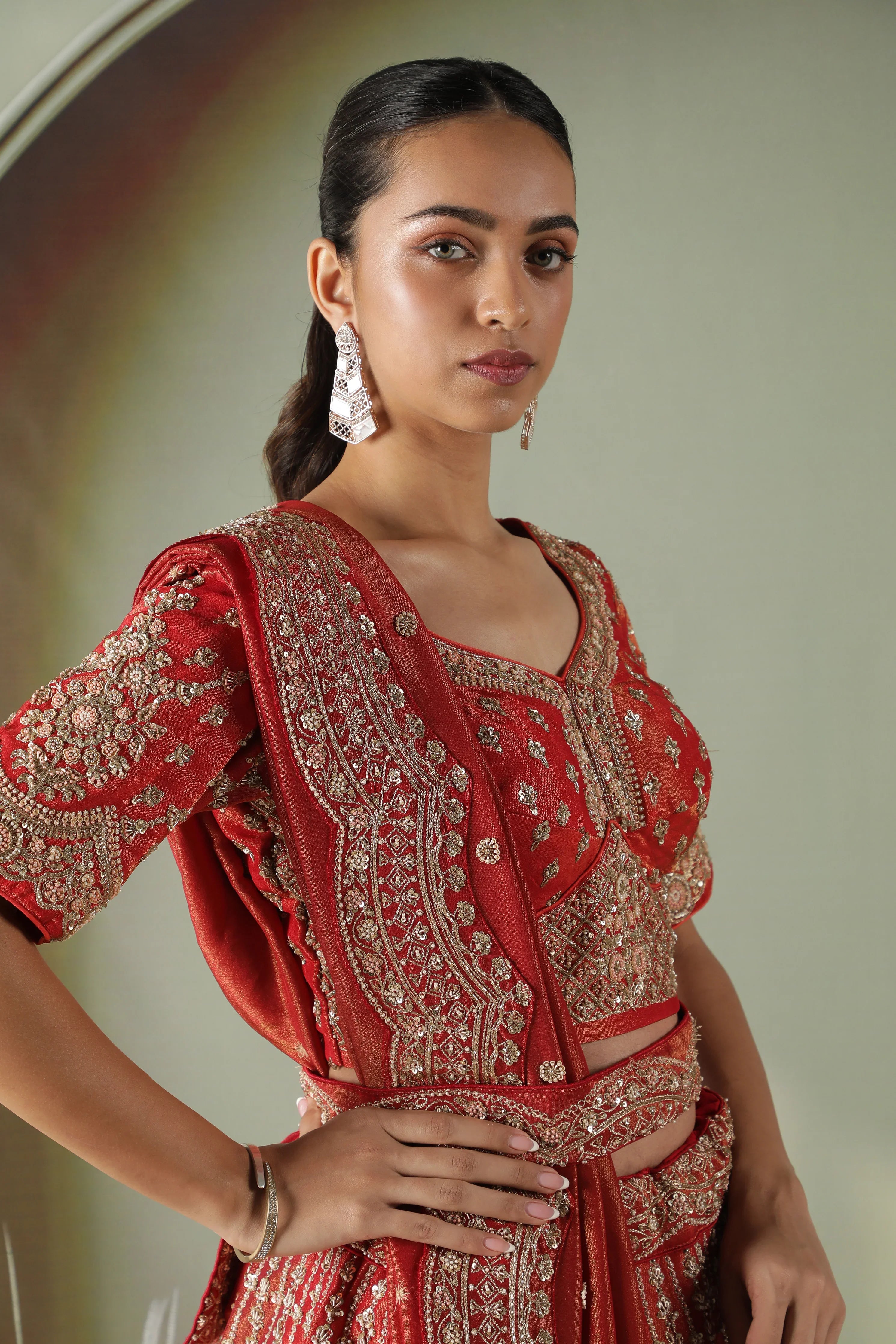 Rust Tissue Silk Bridal Lehenga Set - Mokshaa