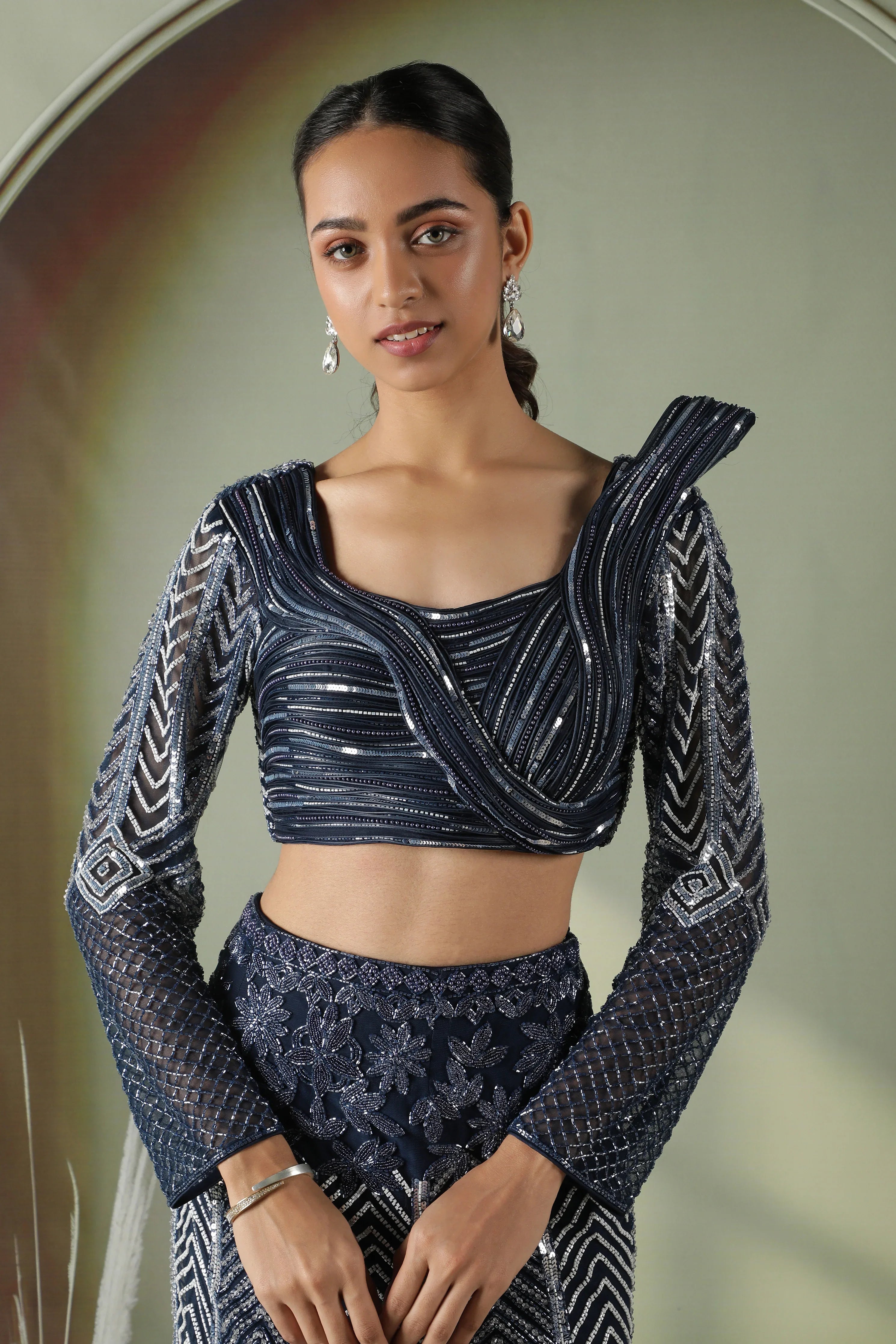 Navy Blue Silk Mermaid Cut Lehenga with Draped Blouse - Mokshaa