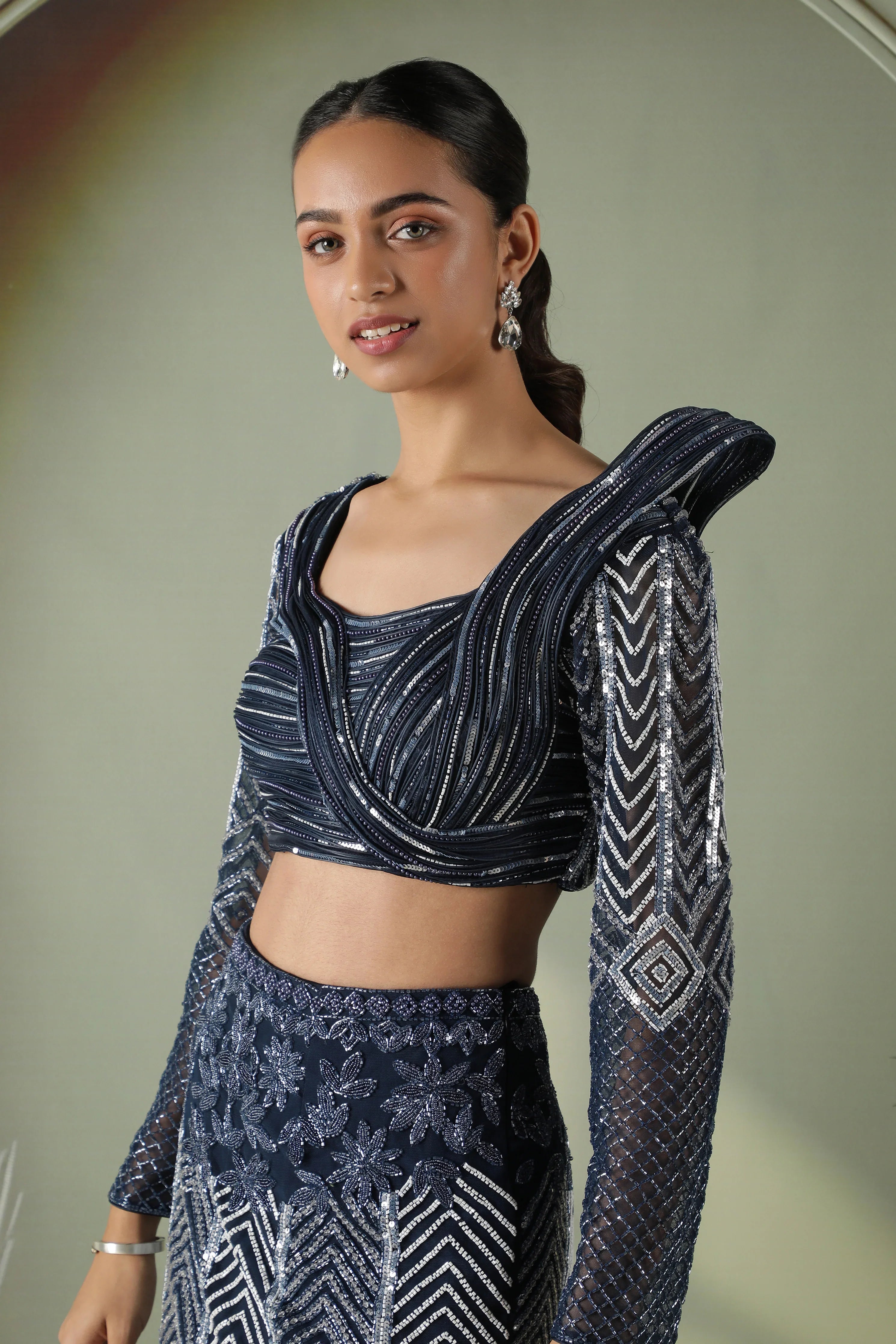 Navy Blue Silk Mermaid Cut Lehenga with Draped Blouse - Mokshaa