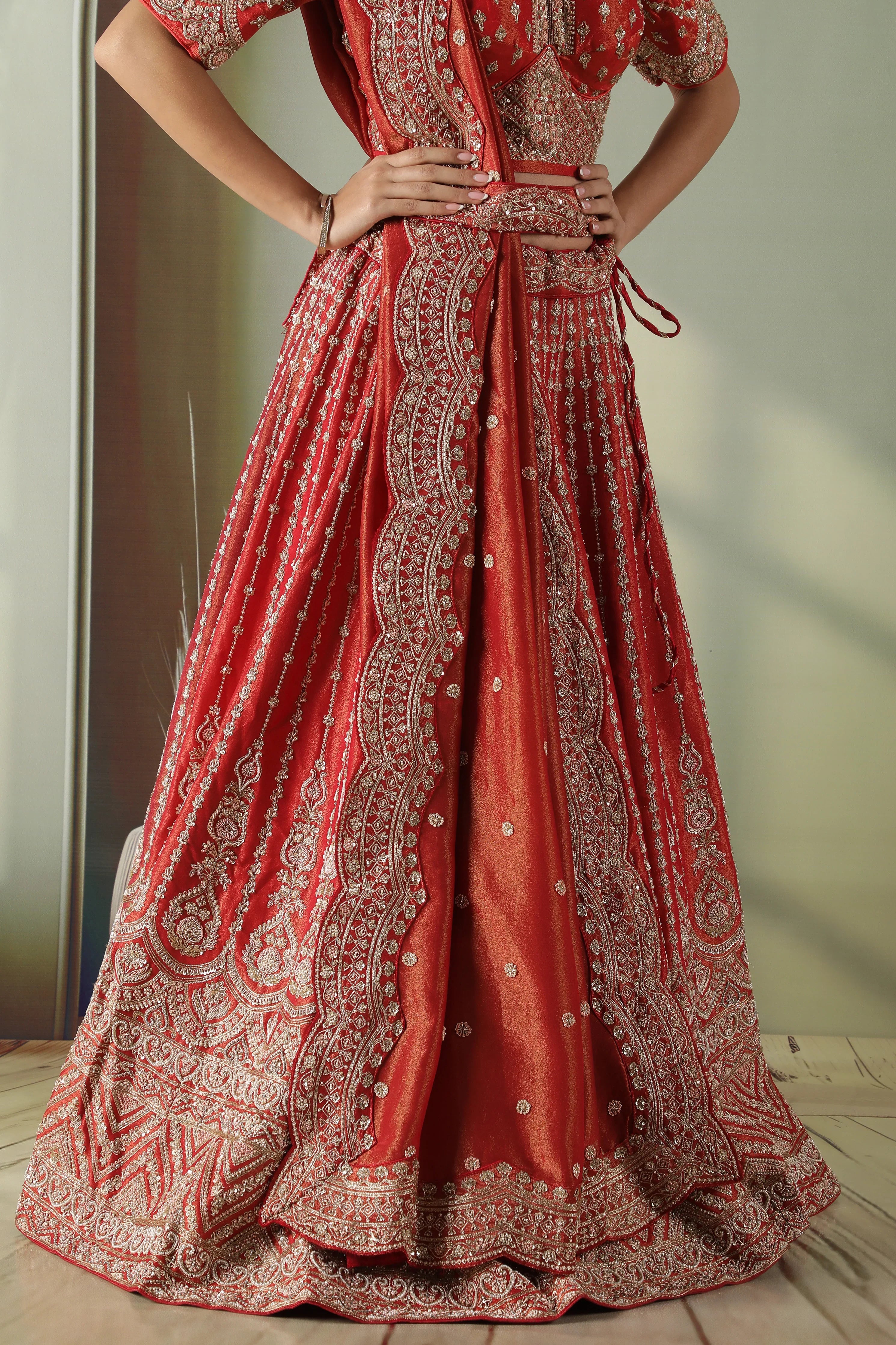 Rust Tissue Silk Bridal Lehenga Set - Mokshaa