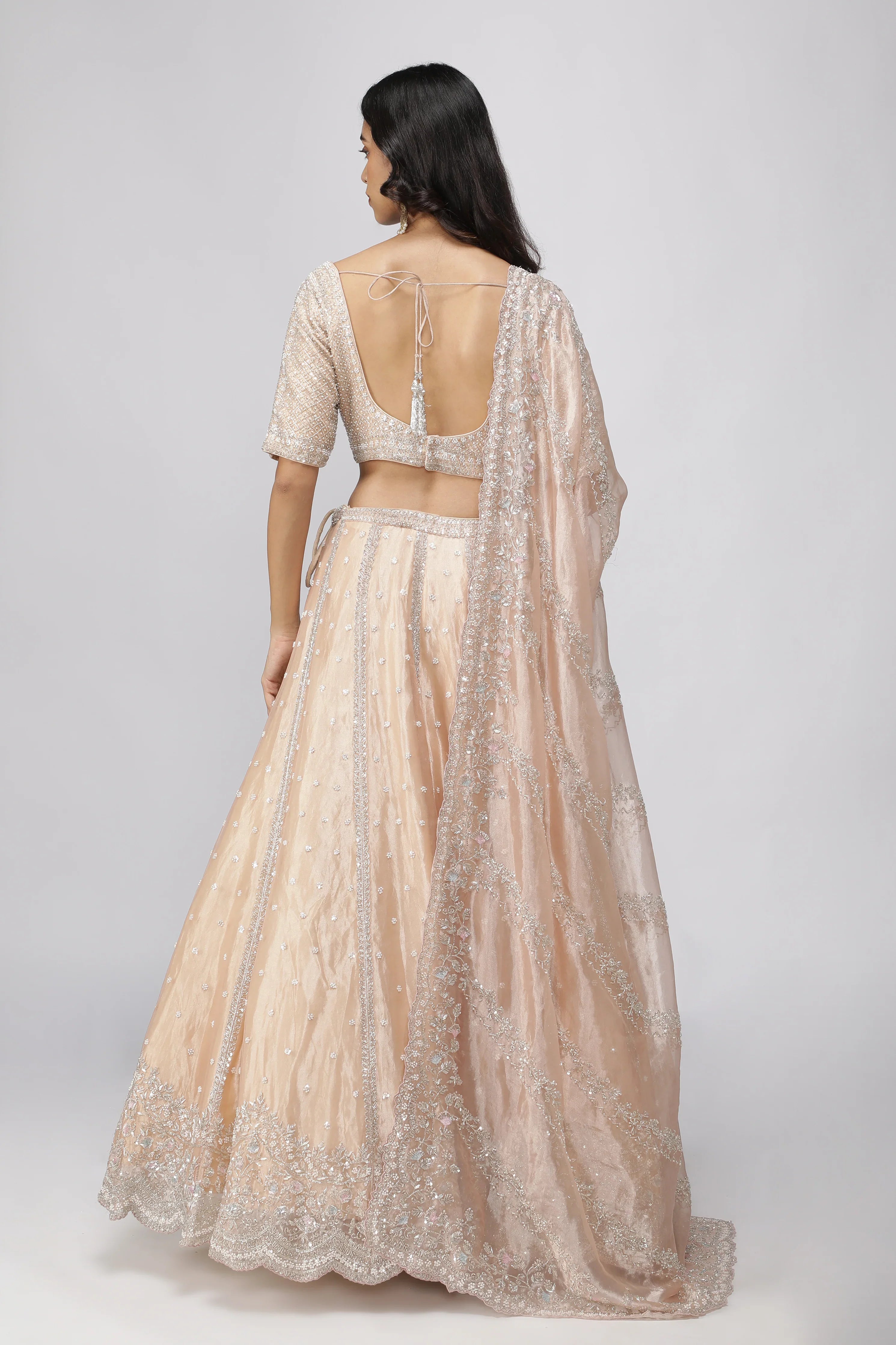 Peach Tissue Organza Lehenga Set - Mokshaa