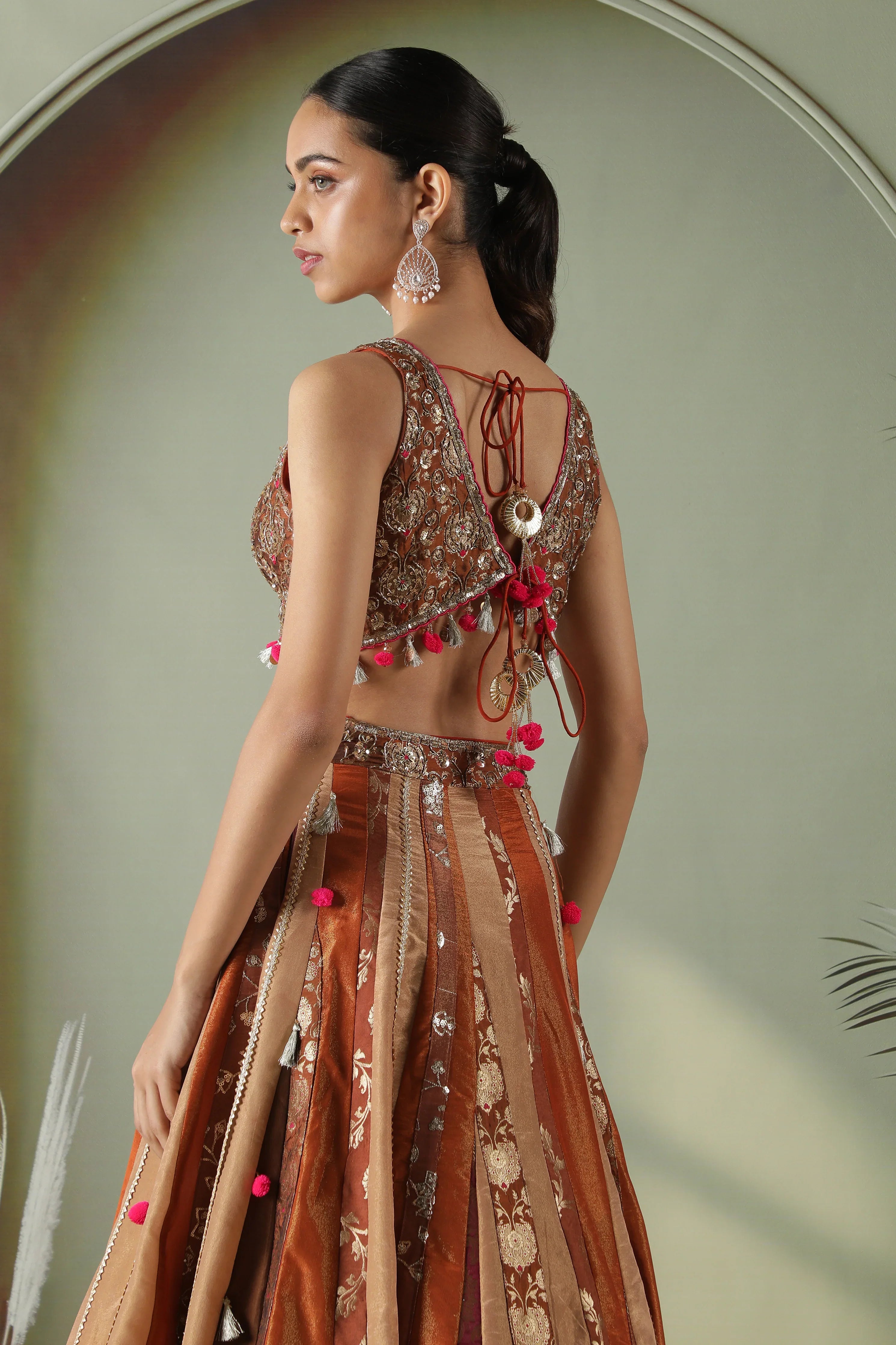 Rust Tissue & Banarasi Lehenga Set - Mokshaa