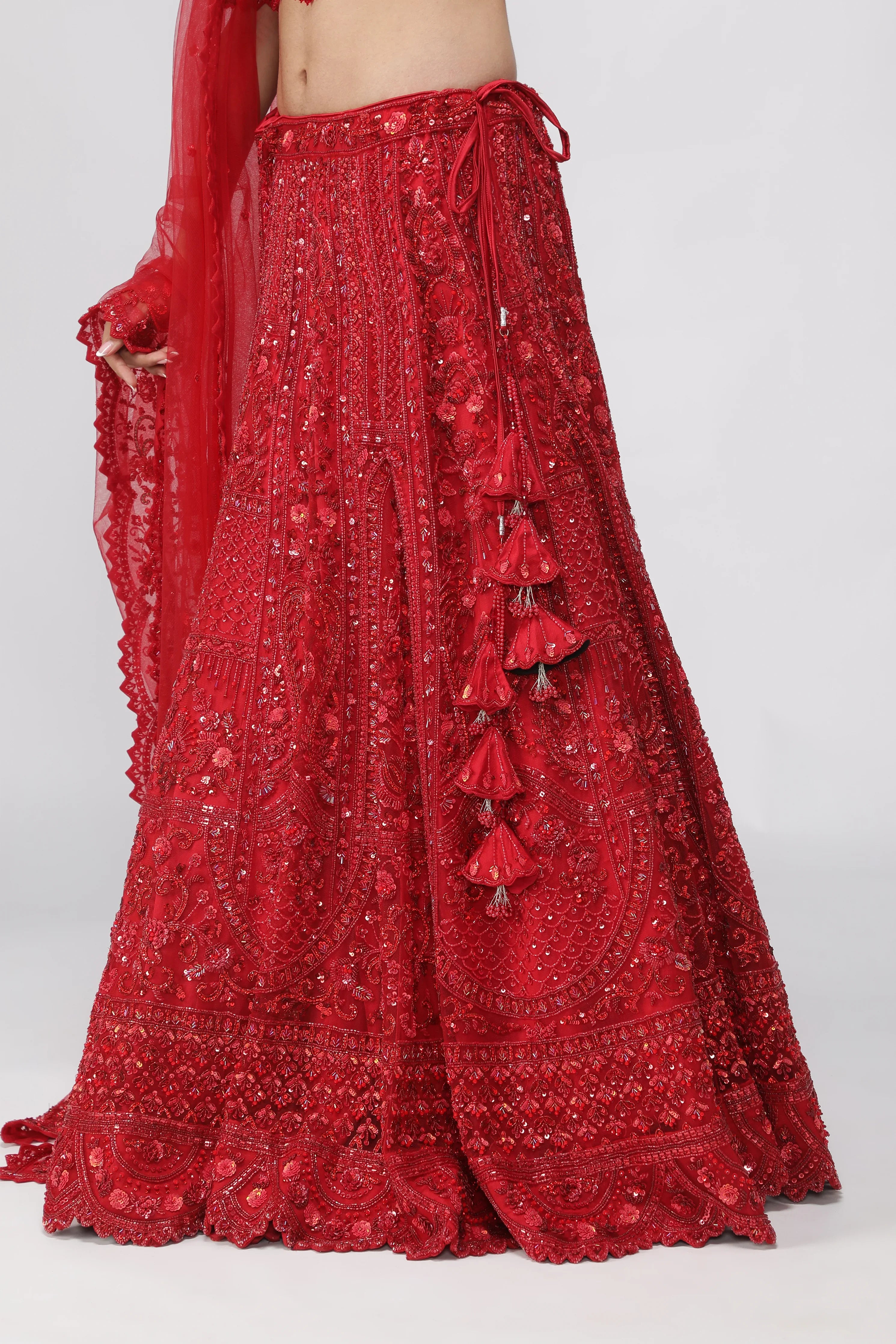 Red Net Sequin Embroidered Bridal Lehenga Set - Mokshaa