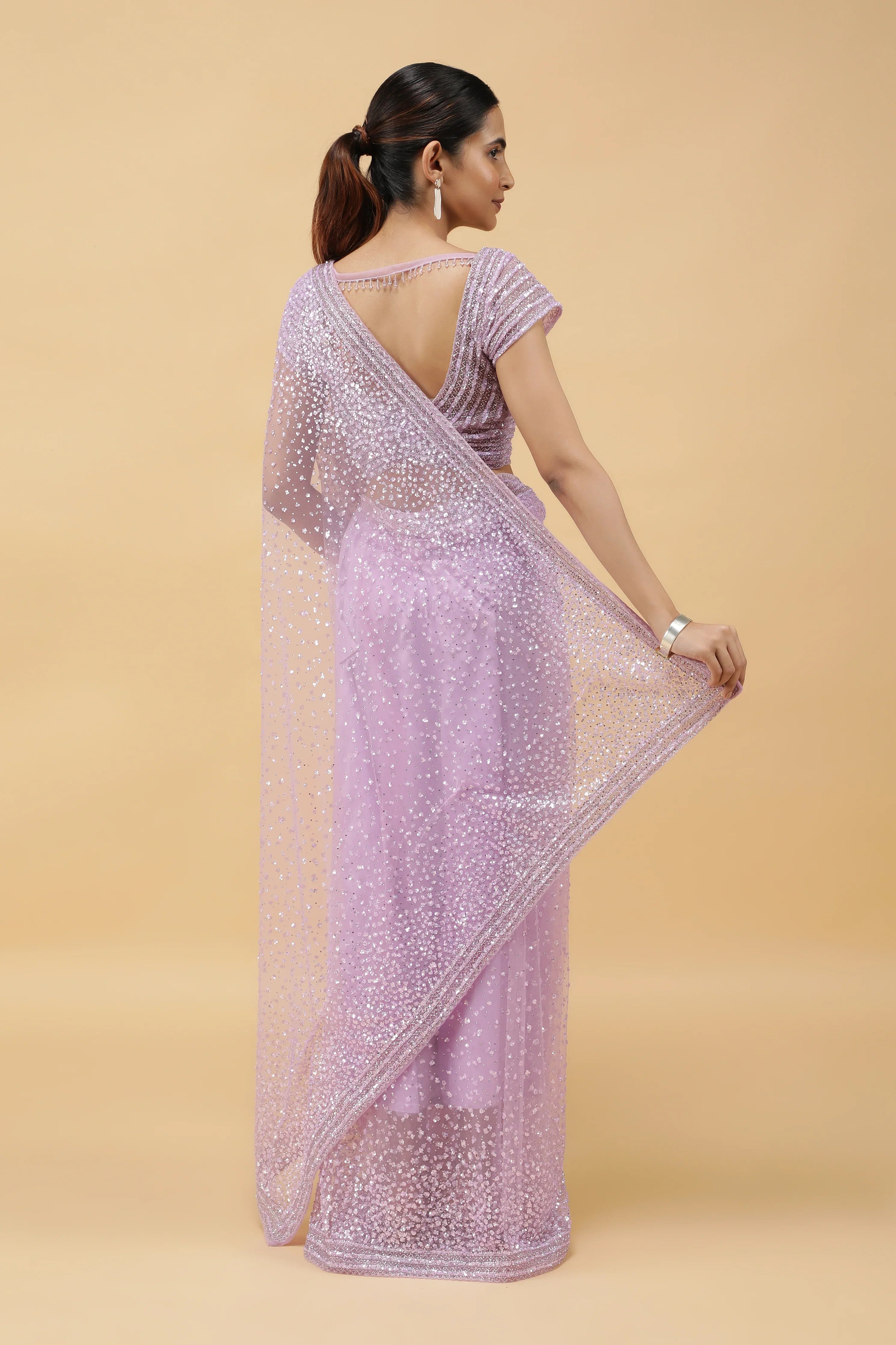 Light Lavender Net Saree with All Over Sequins - Mokshaa