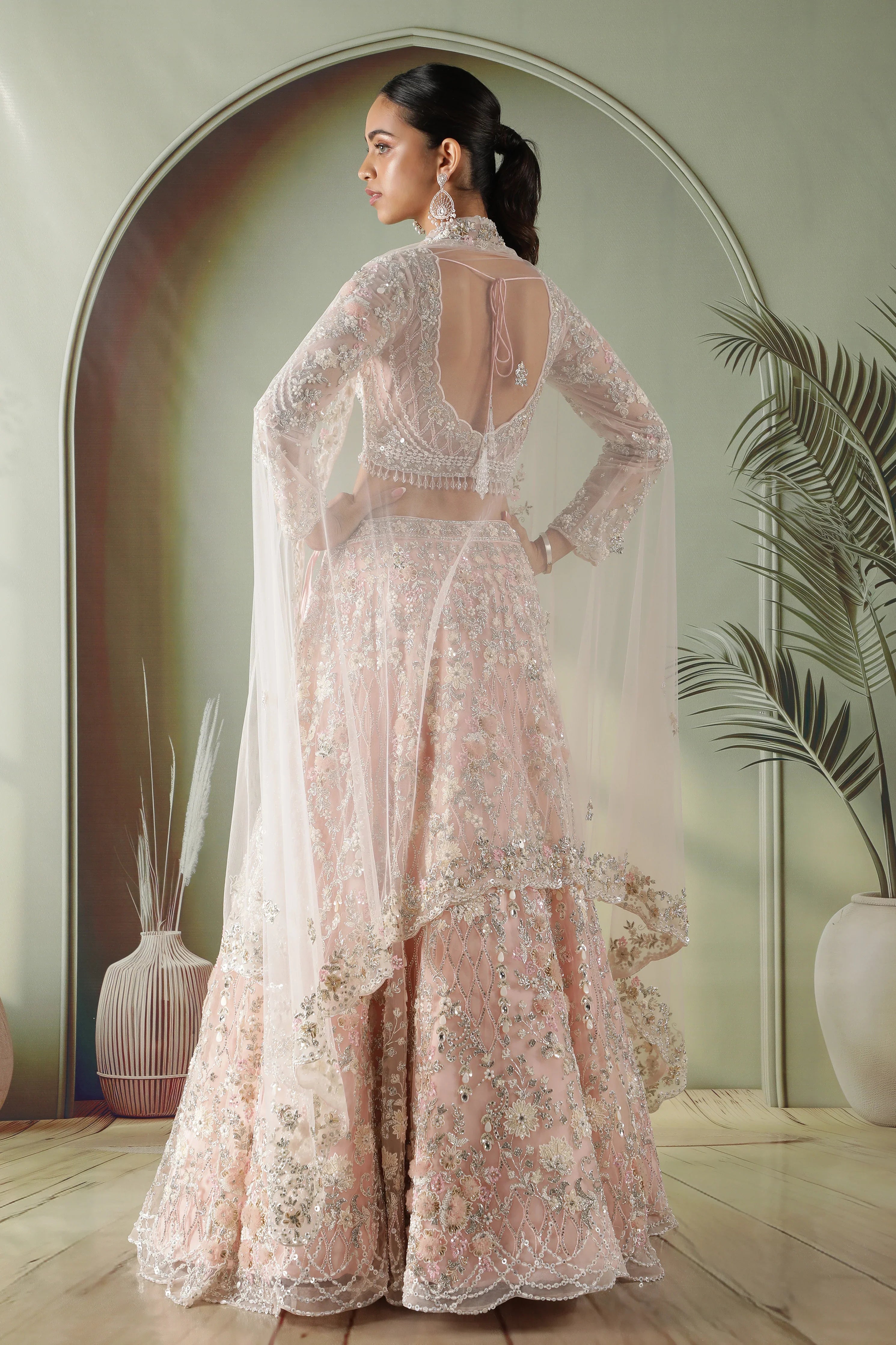 Pink Net Lehenga Set with Pearl, Stone & Sequin Embroidery - Mokshaa