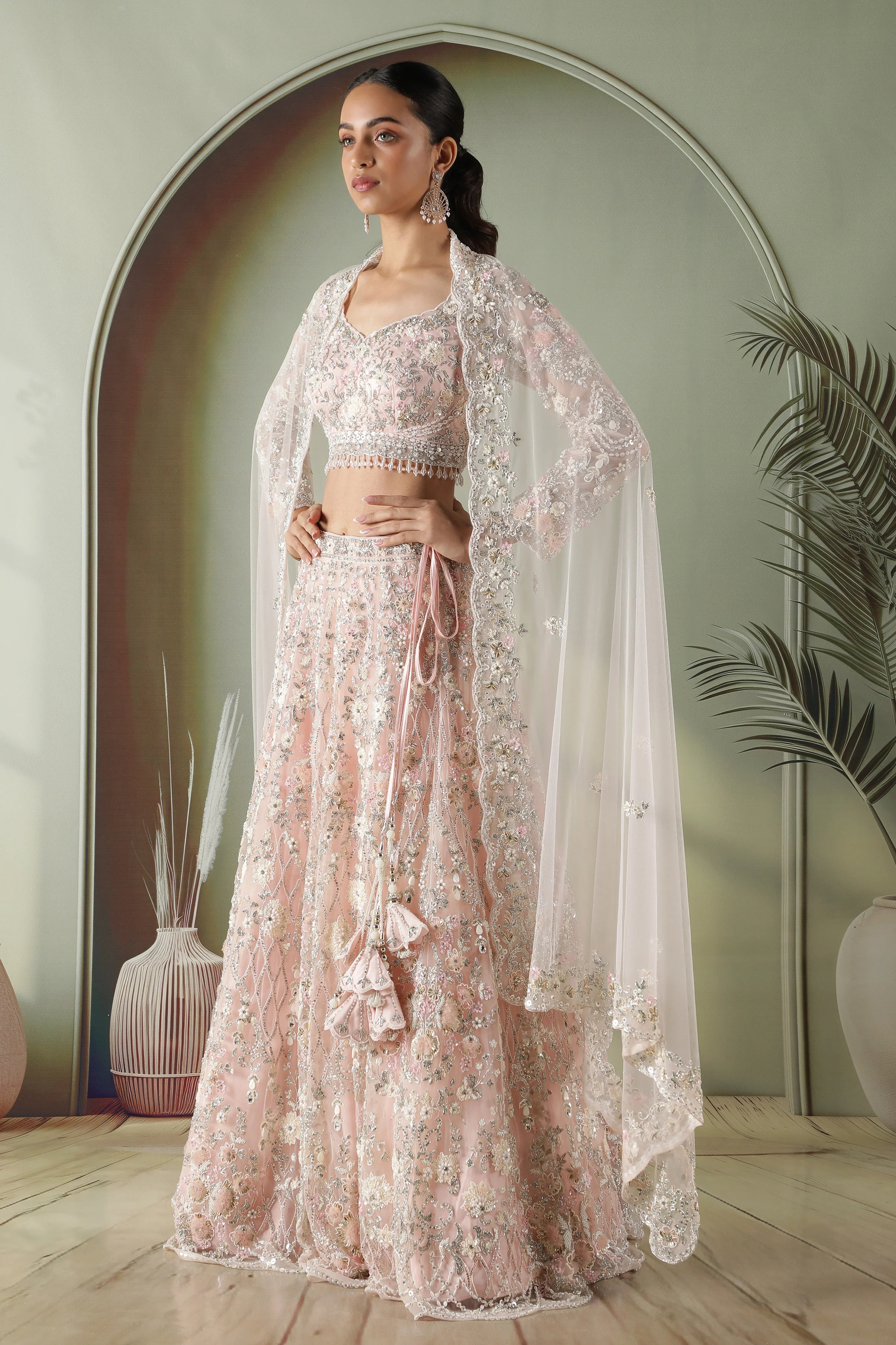 Pink Net Lehenga Set with Pearl, Stone & Sequin Embroidery - Mokshaa