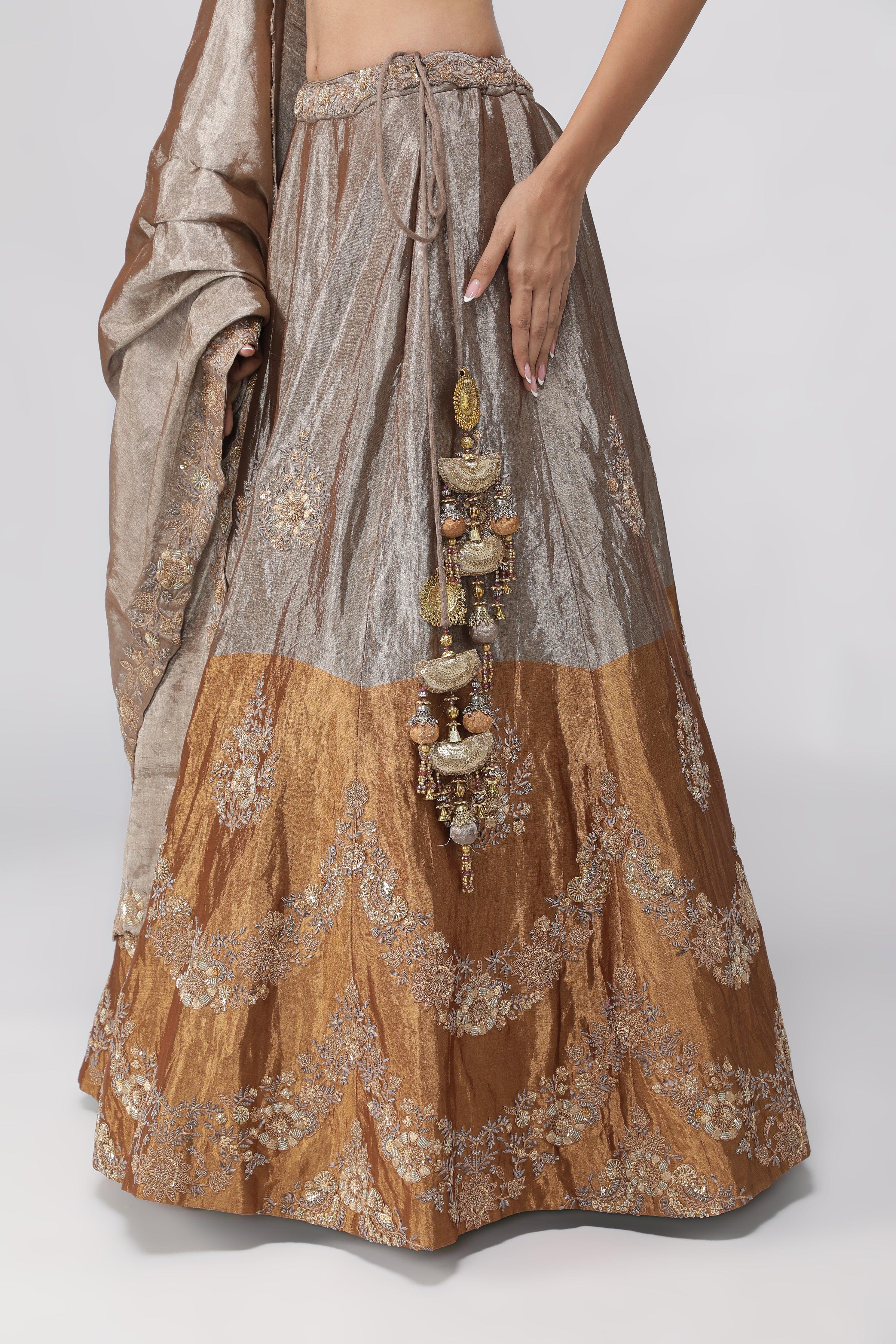 Silver-Gold Tissue Lehenga with Embroidered Blouse - Mokshaa