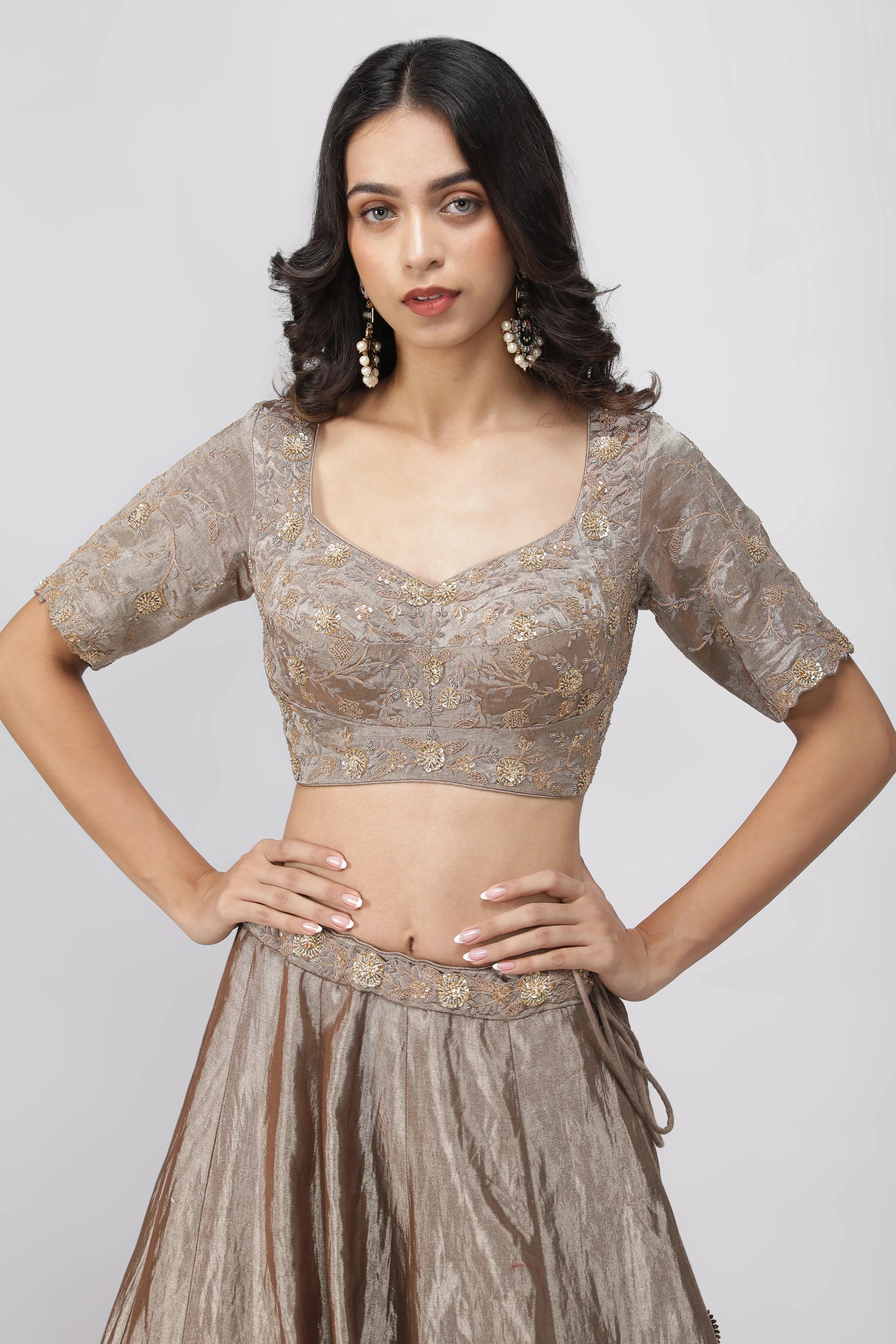 Silver-Gold Tissue Lehenga with Embroidered Blouse - Mokshaa