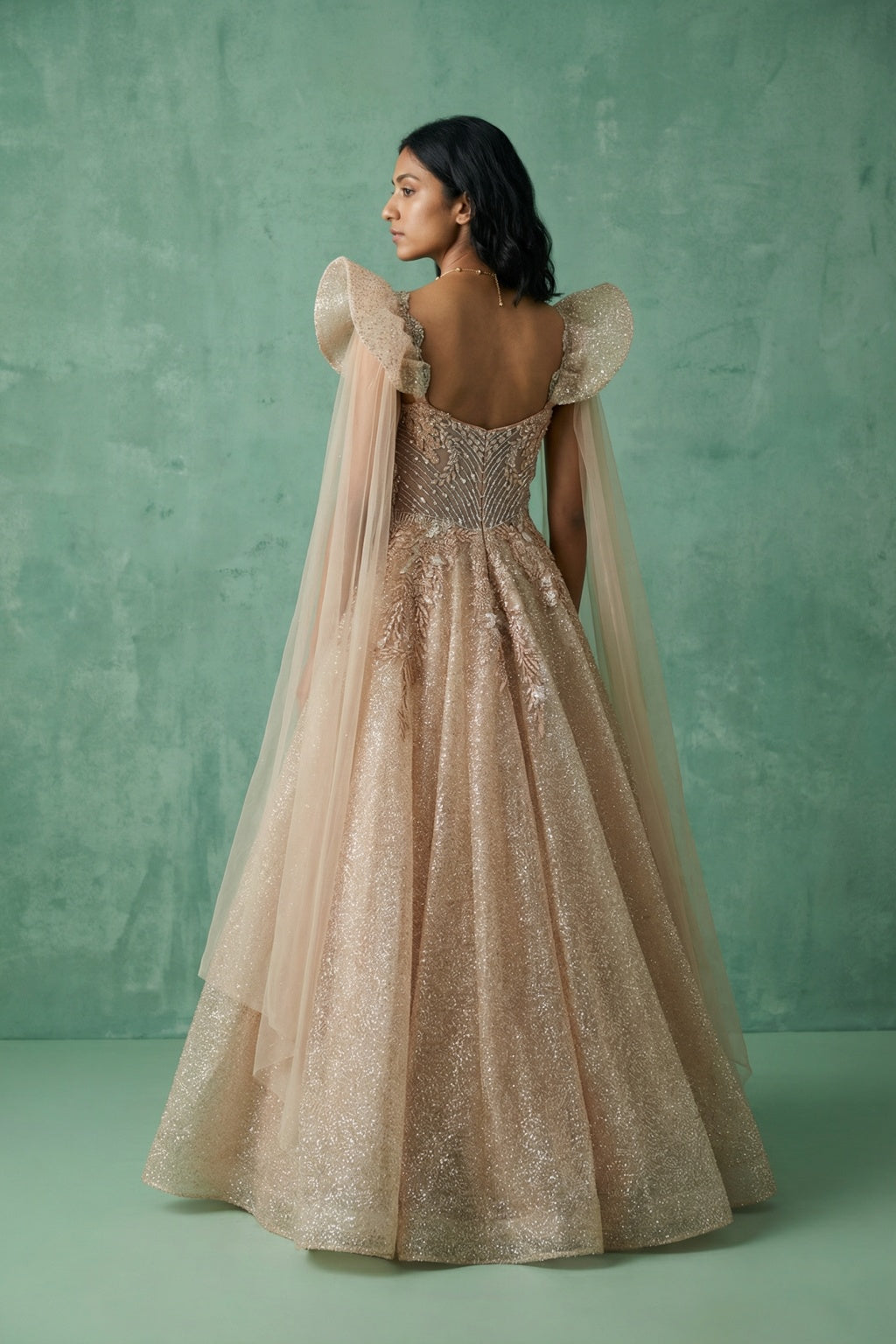 Peach Shimmer Gown with Pearl & Sequin Embroidery - Mokshaa