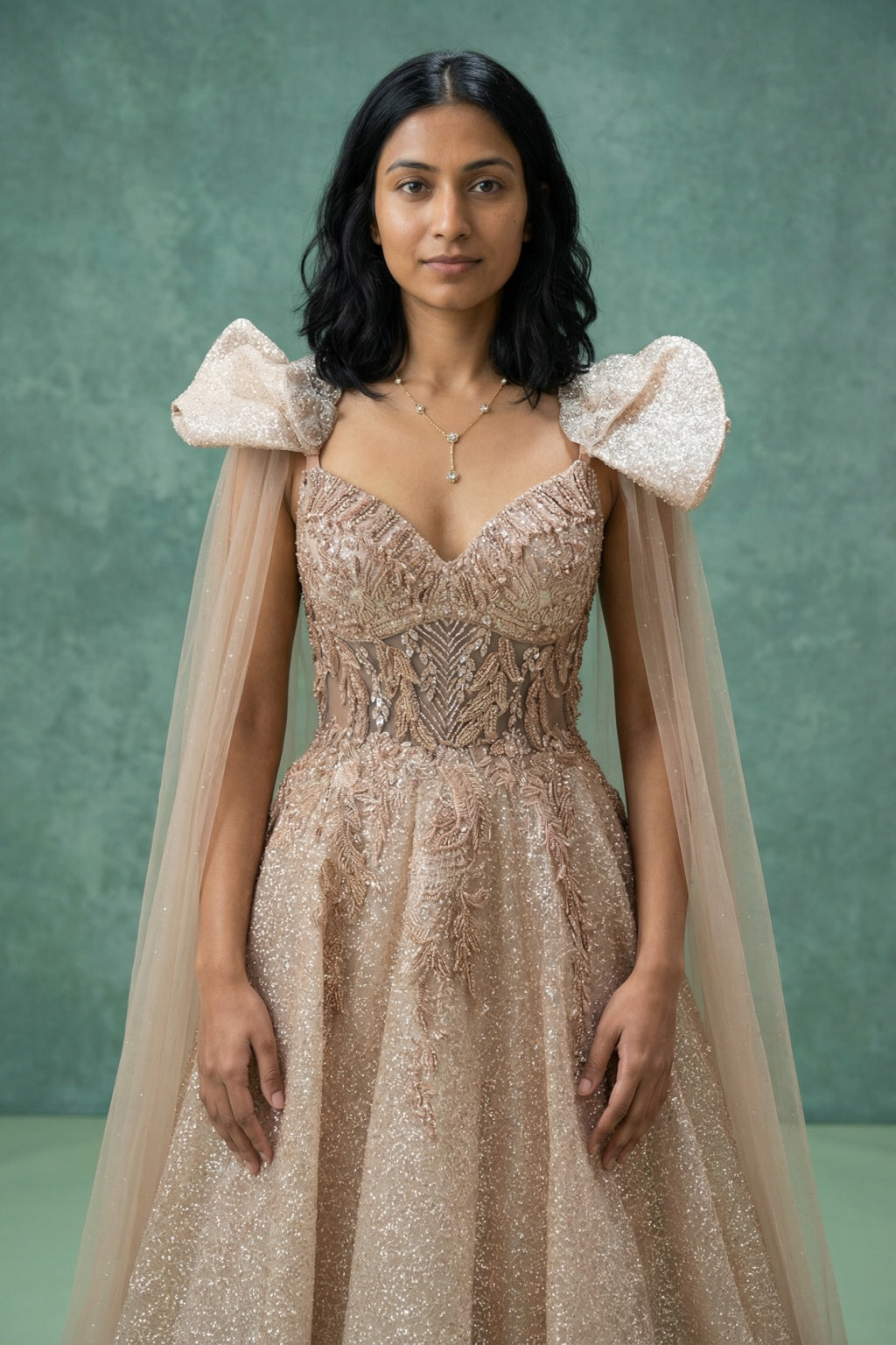 Peach Shimmer Gown with Pearl & Sequin Embroidery - Mokshaa