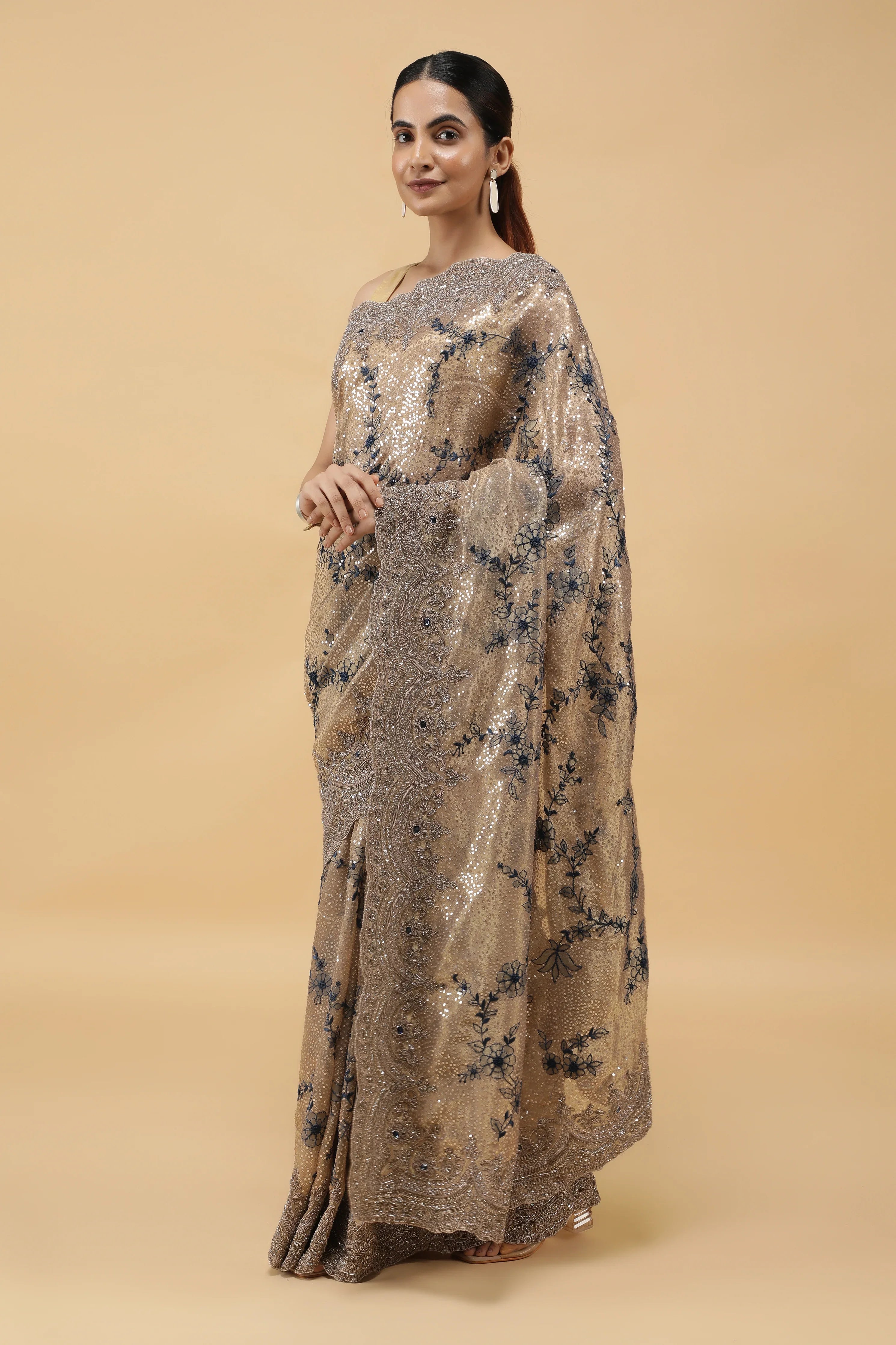 Gold Tissu Organza Saree with Sequins Embroidery & Zardhosi Border - Mokshaa