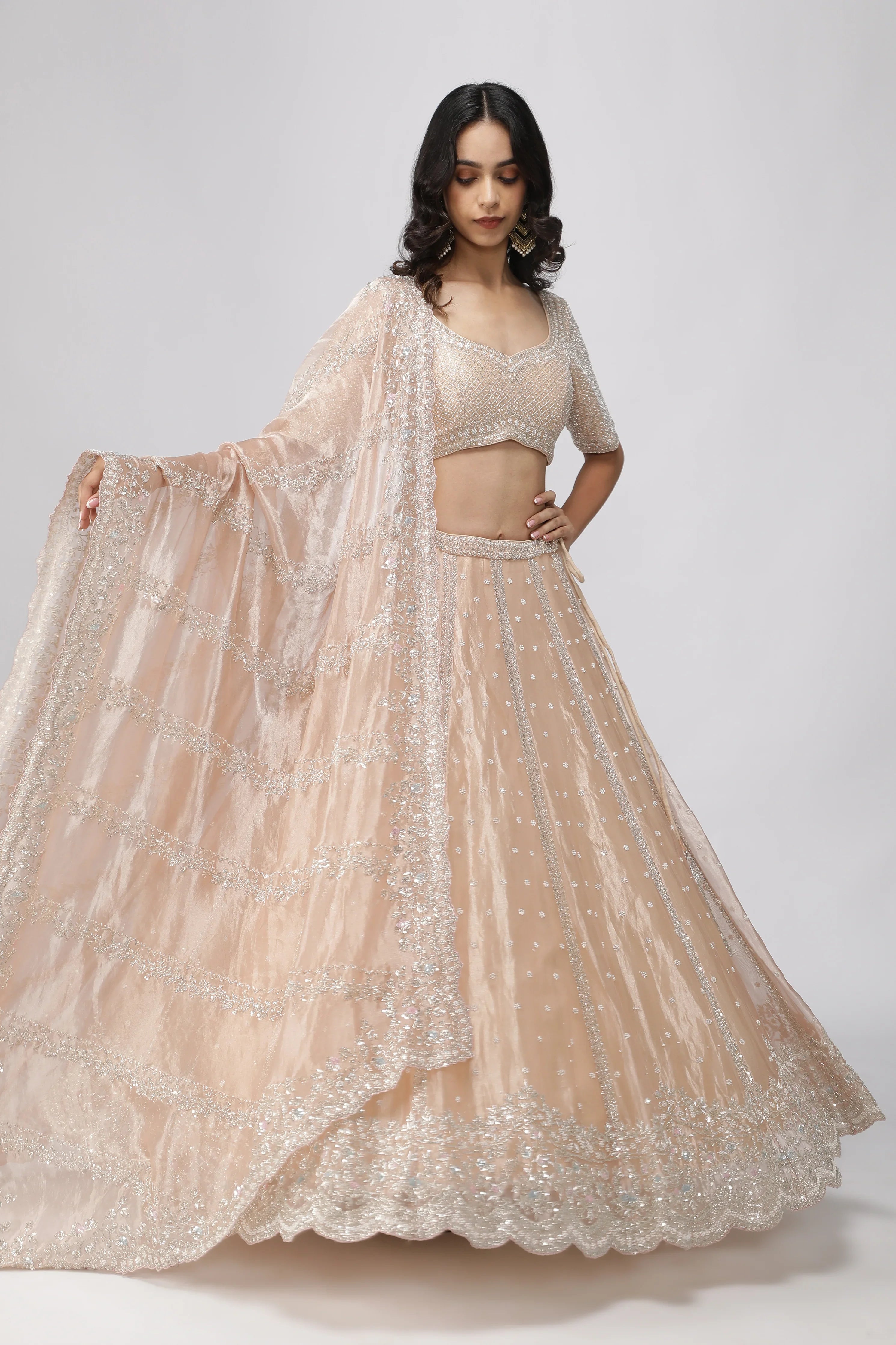 Peach Tissue Organza Lehenga Set - Mokshaa