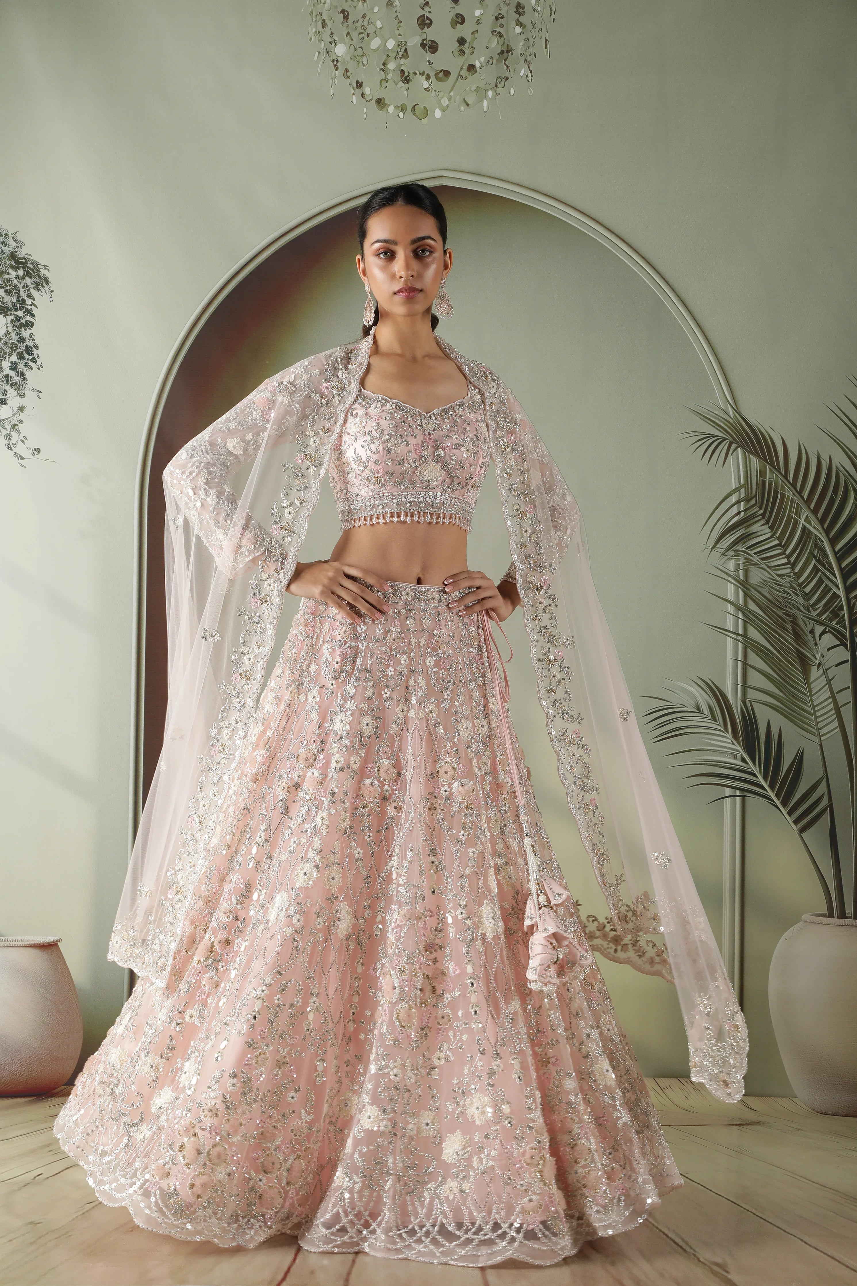 Pink Net Lehenga Set with Pearl, Stone & Sequin Embroidery - Mokshaa
