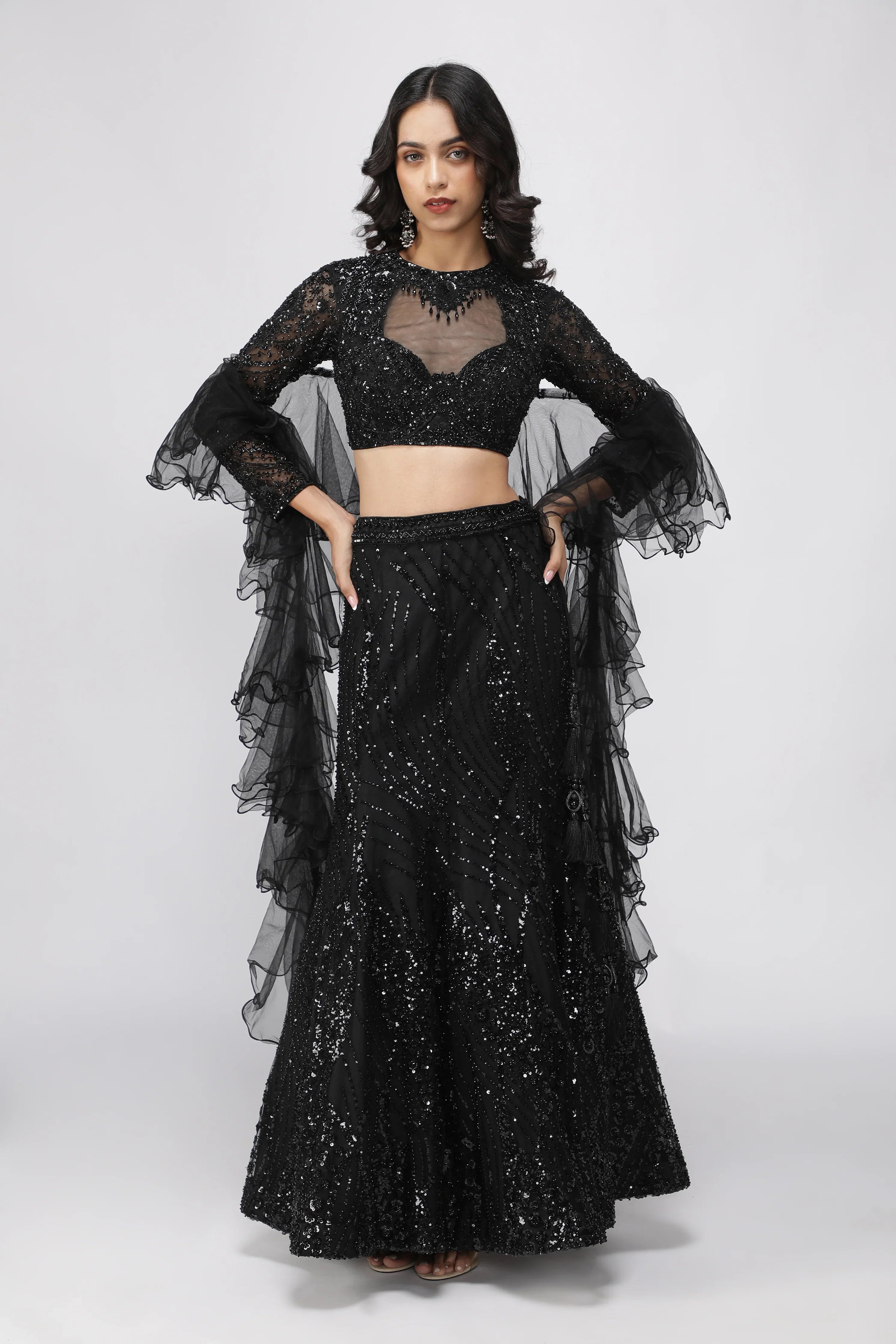 Black Net Sequin Embroidered Mermaid Lehenga Set with Ruffle Dupatta - Mokshaa