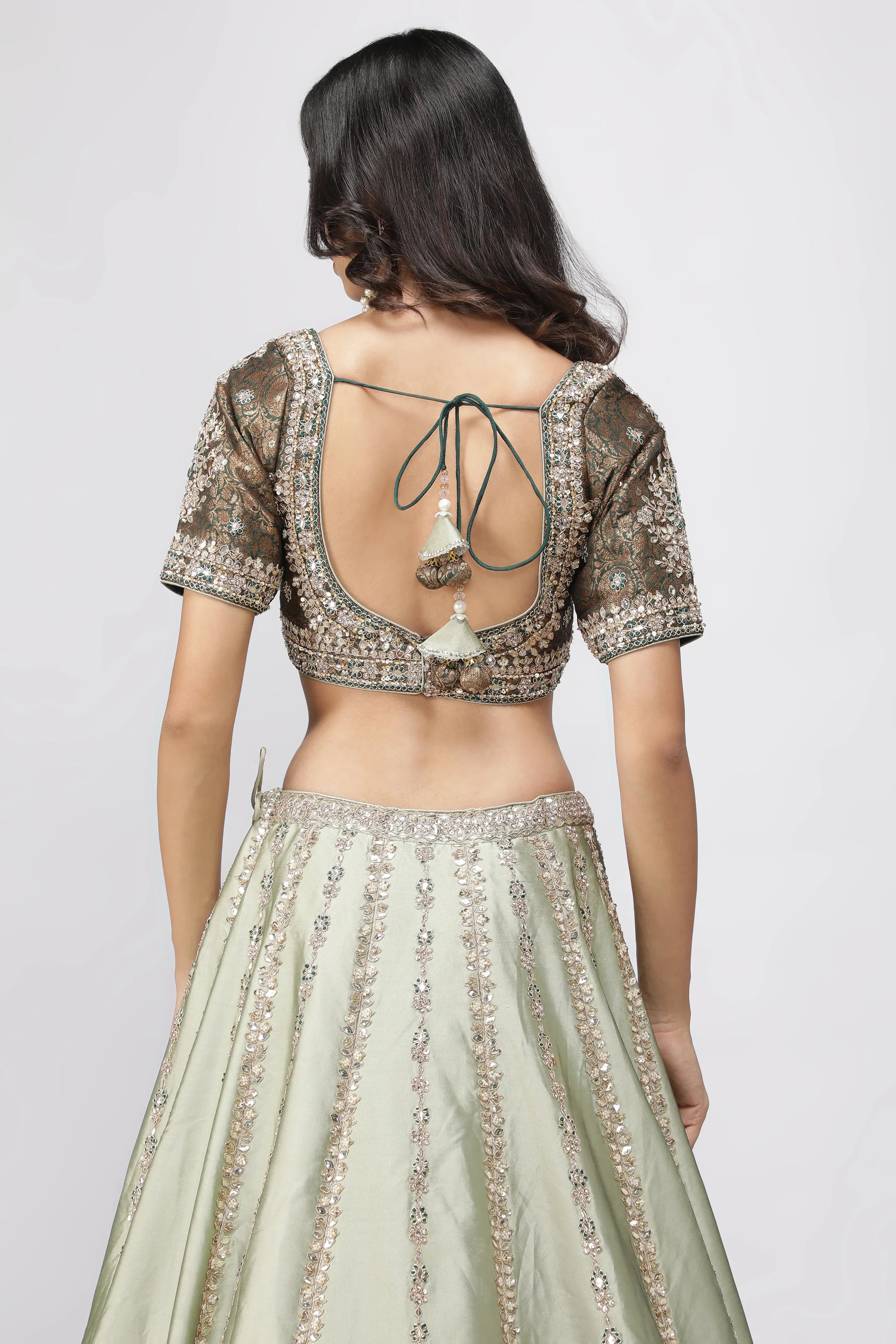 Mint Green Silk Lehenga with Bottle Green Banarasi Blouse - Mokshaa