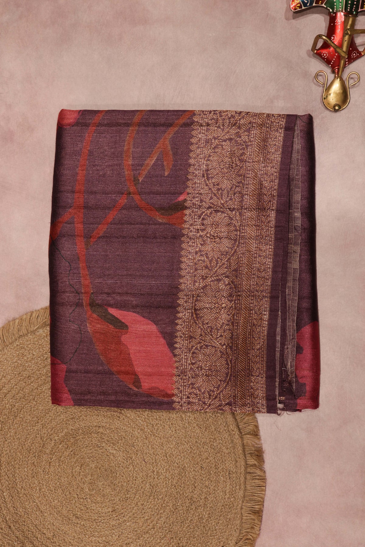 Wine Tussar Silk Digital Print Saree - Mokshaa