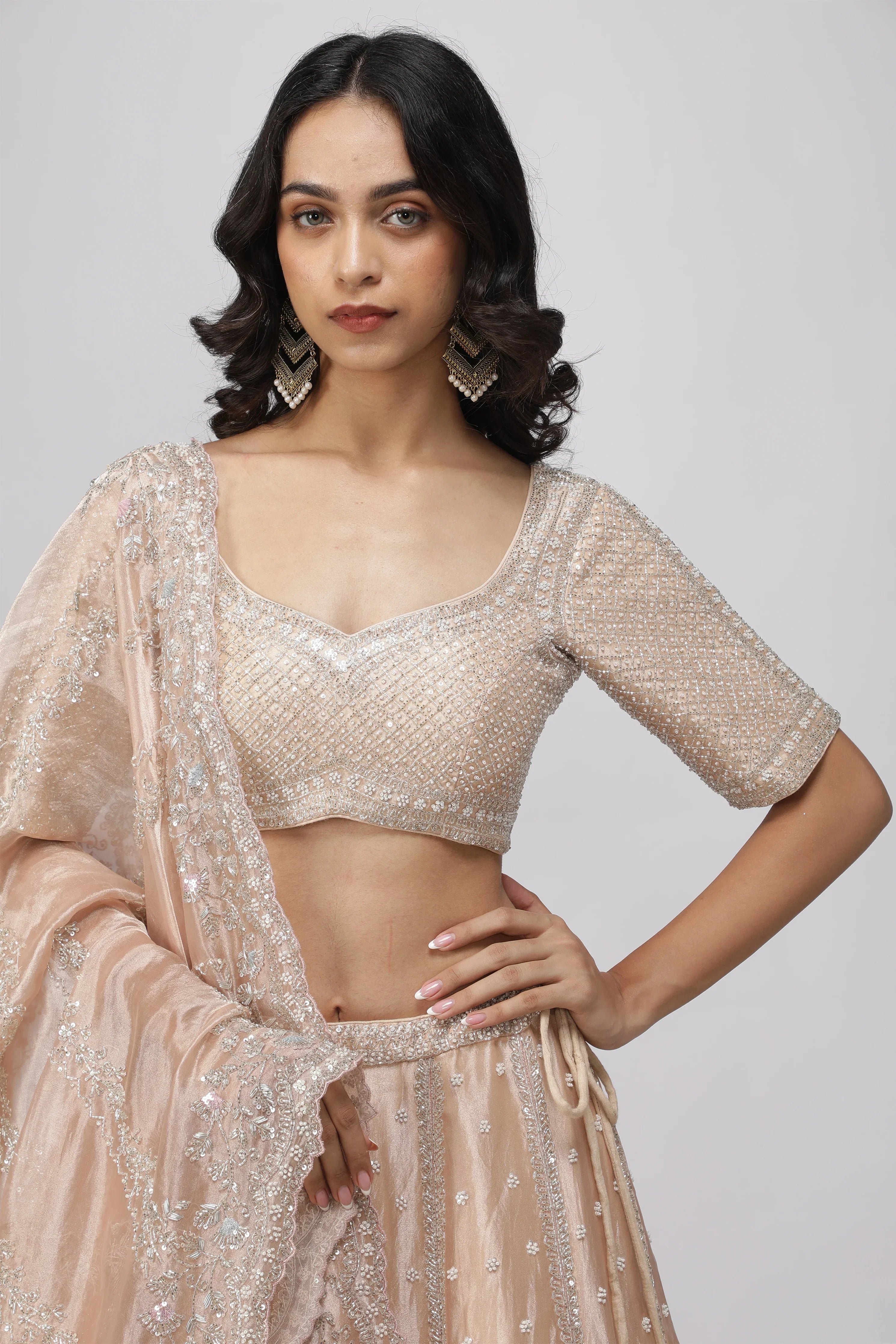 Peach Tissue Organza Lehenga Set - Mokshaa