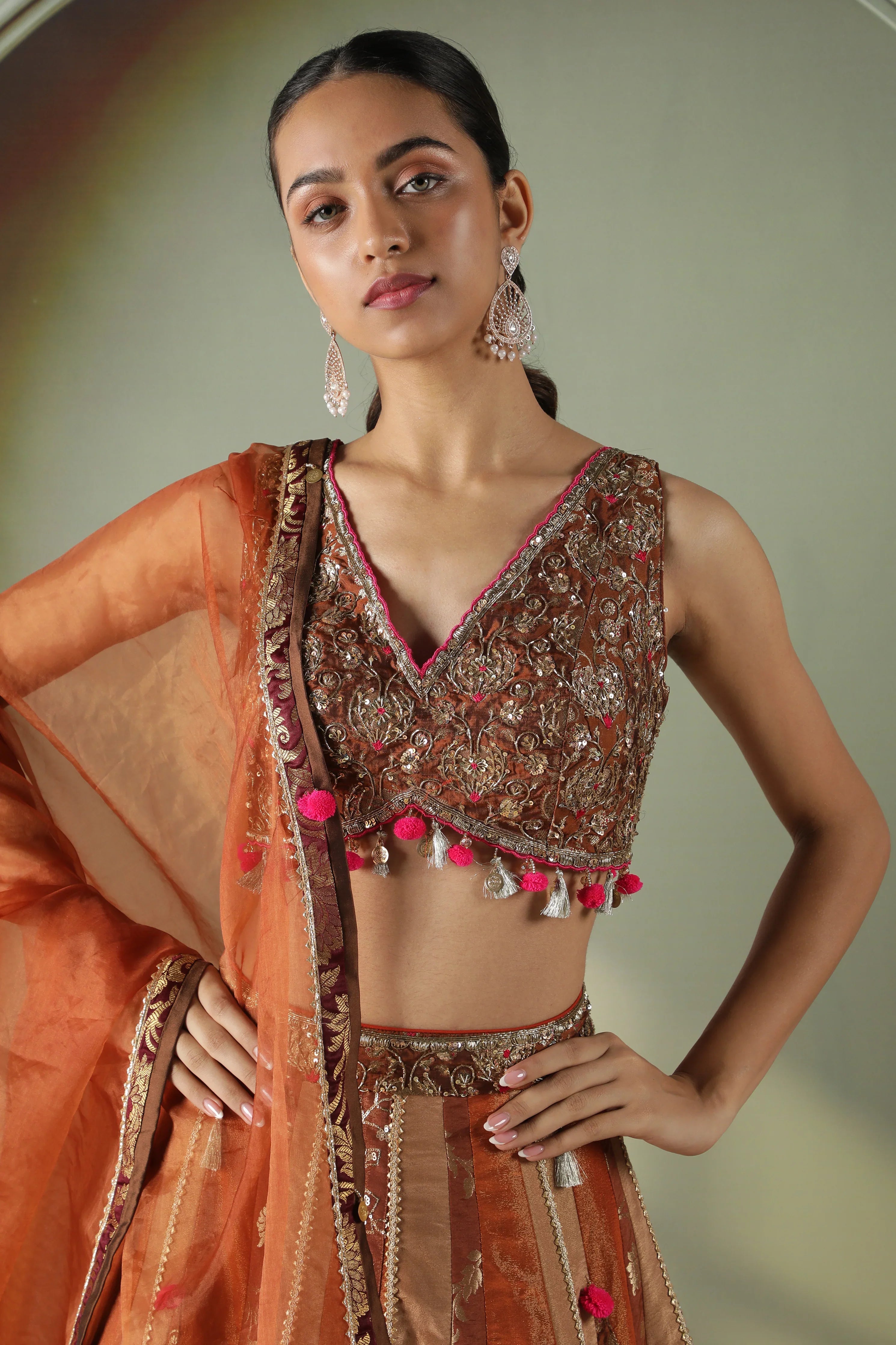 Rust Tissue & Banarasi Lehenga Set - Mokshaa