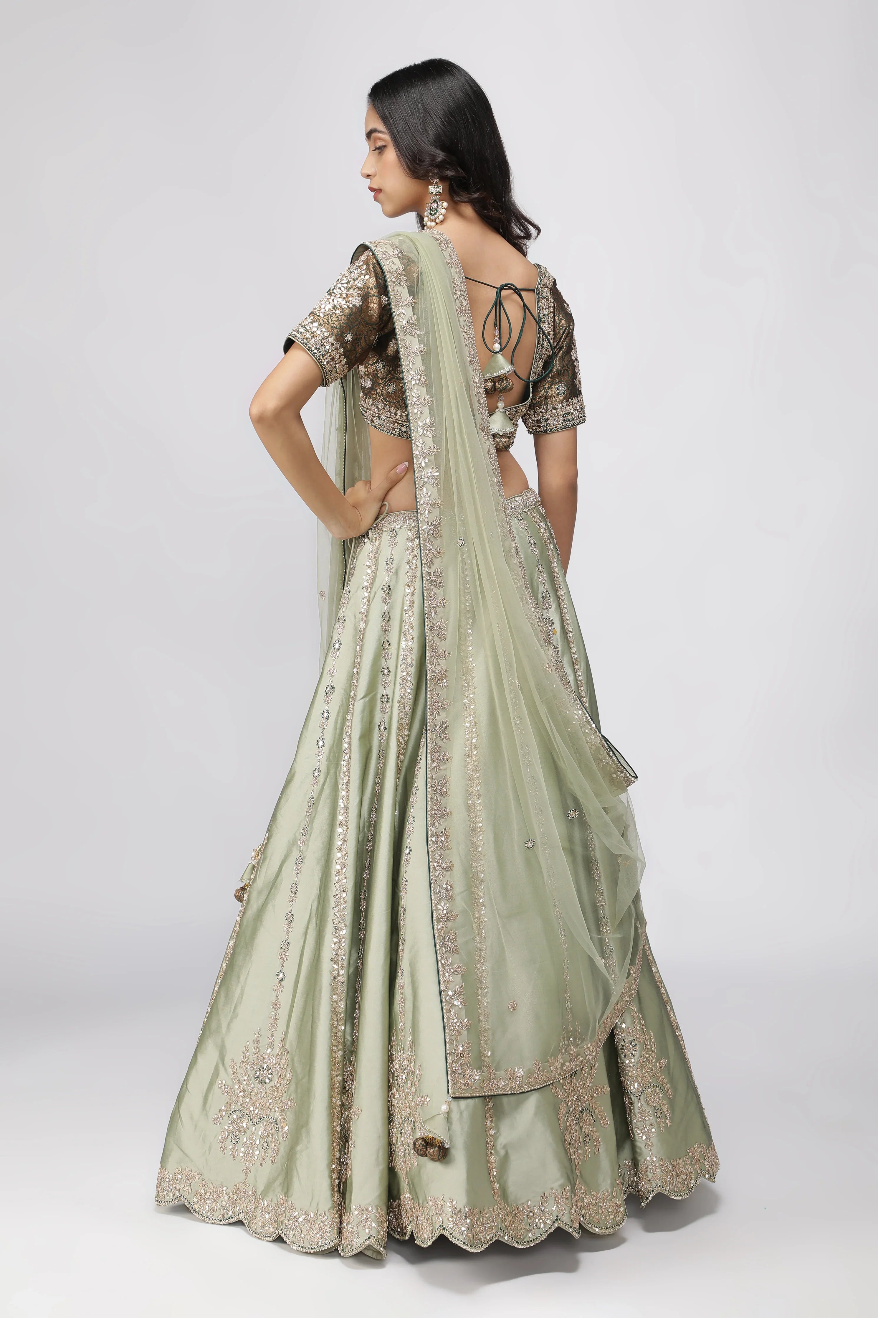 Mint Green Silk Lehenga with Bottle Green Banarasi Blouse - Mokshaa