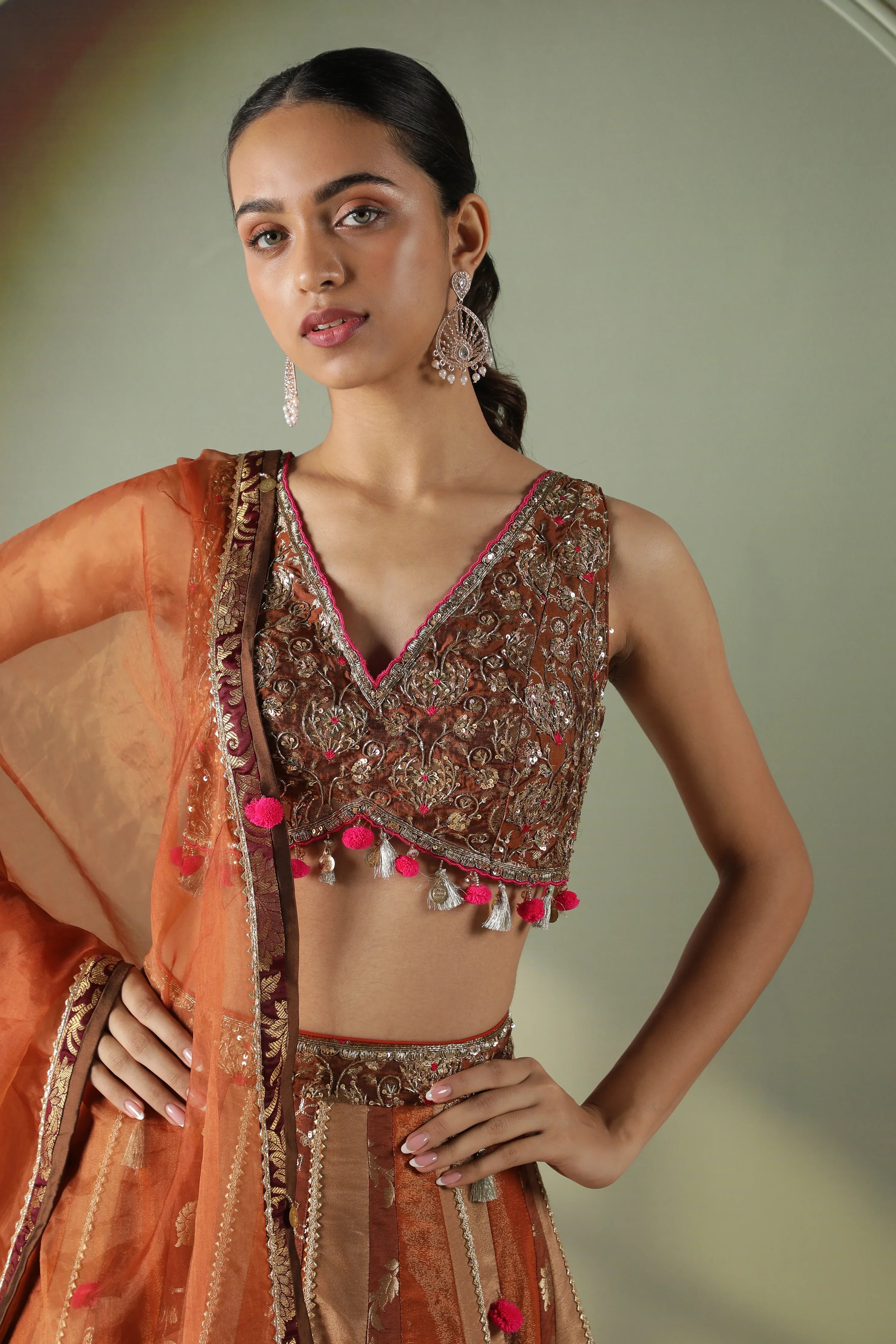 Rust Tissue & Banarasi Lehenga Set - Mokshaa