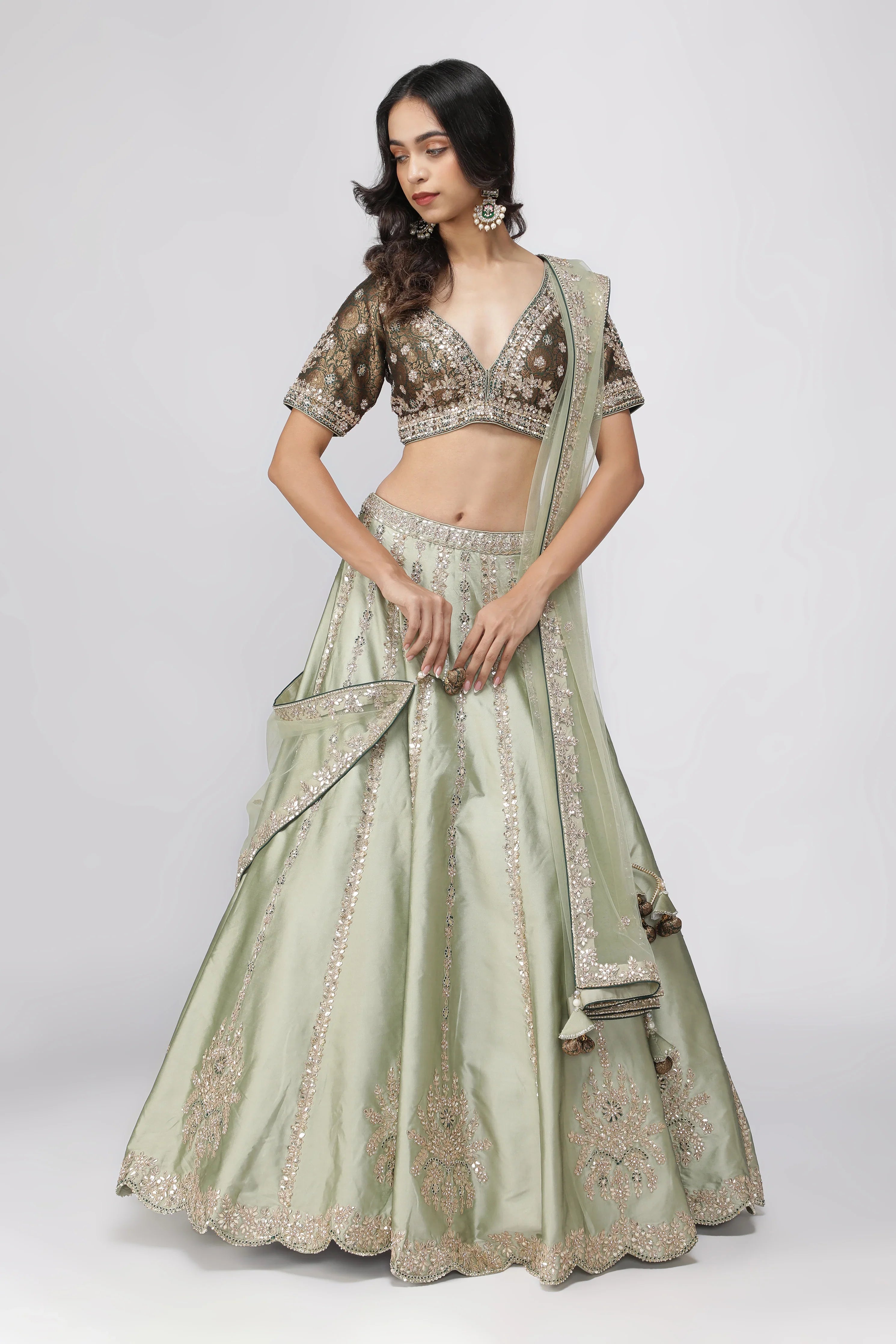 Mint Green Silk Lehenga with Bottle Green Banarasi Blouse - Mokshaa