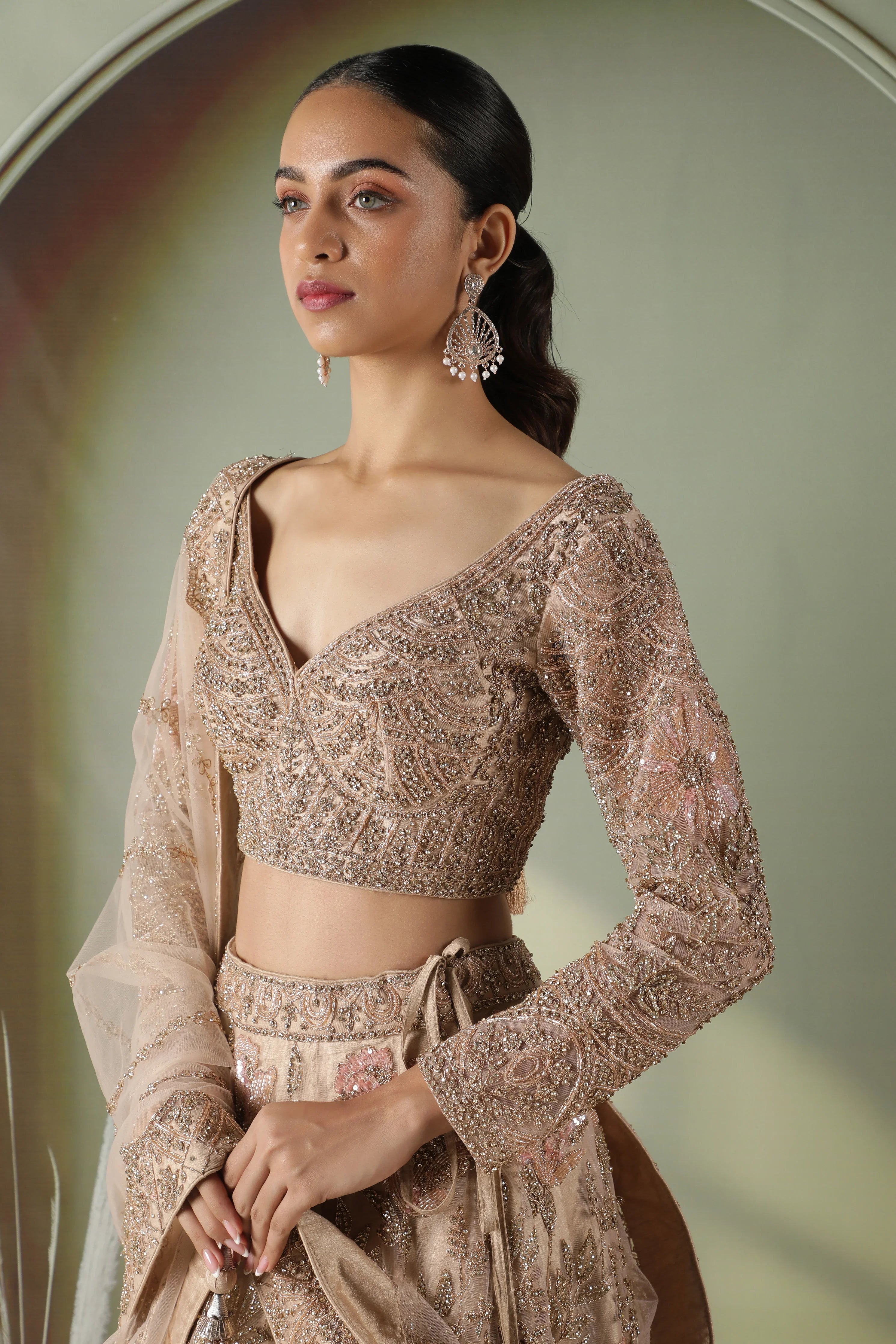 Champagne Gold Floral Embroidered Net Lehenga Set - Mokshaa