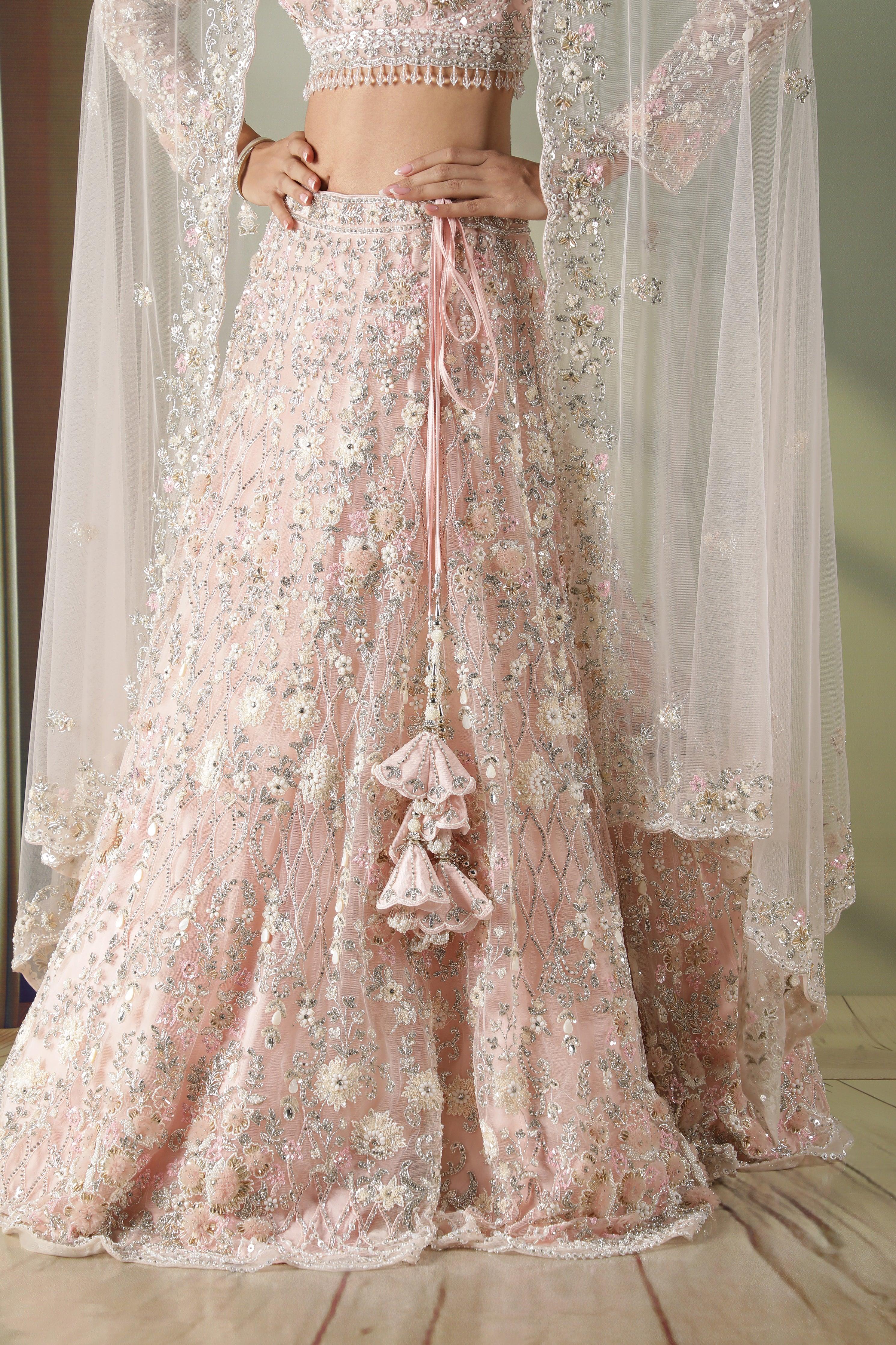 Pink Net Lehenga Set with Pearl, Stone & Sequin Embroidery - Mokshaa