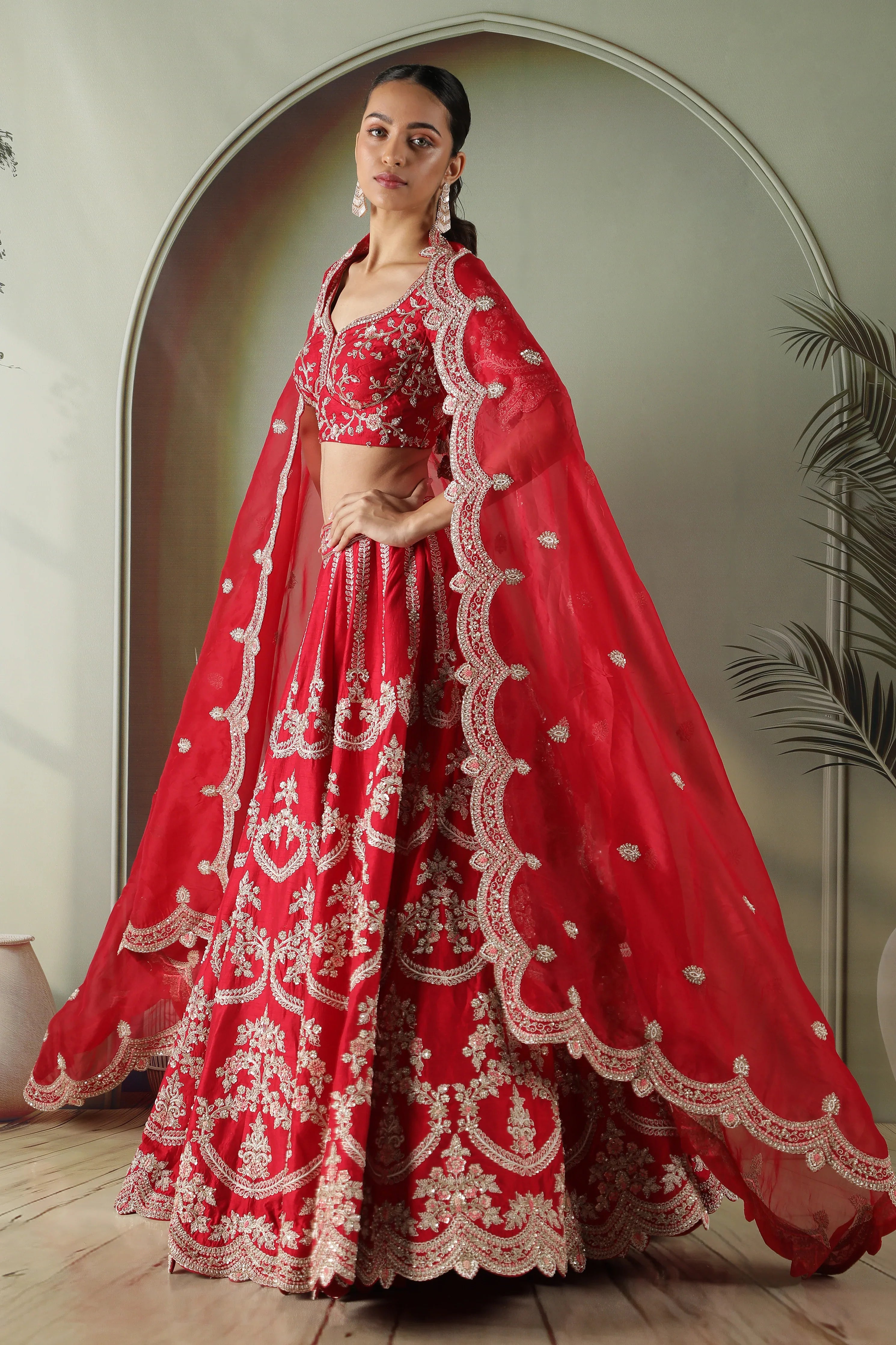 Red Raw Silk Bridal Lehenga Set - Mokshaa