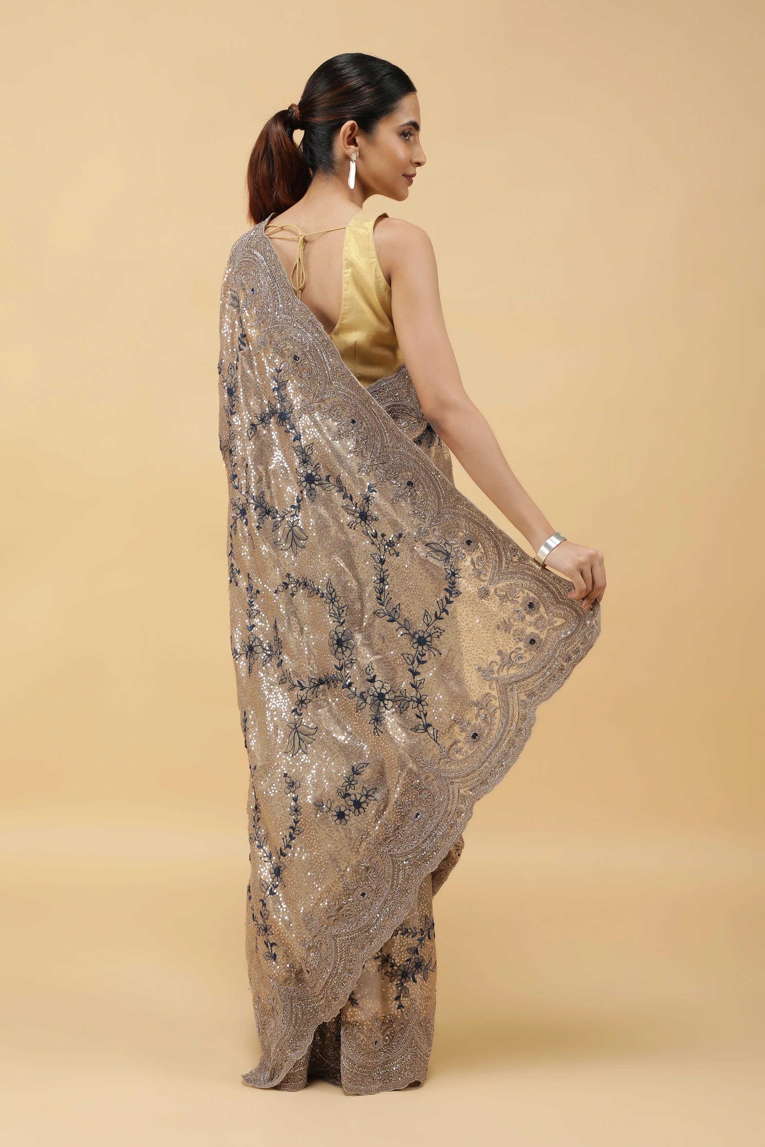 Gold Tissu Organza Saree with Sequins Embroidery & Zardhosi Border - Mokshaa