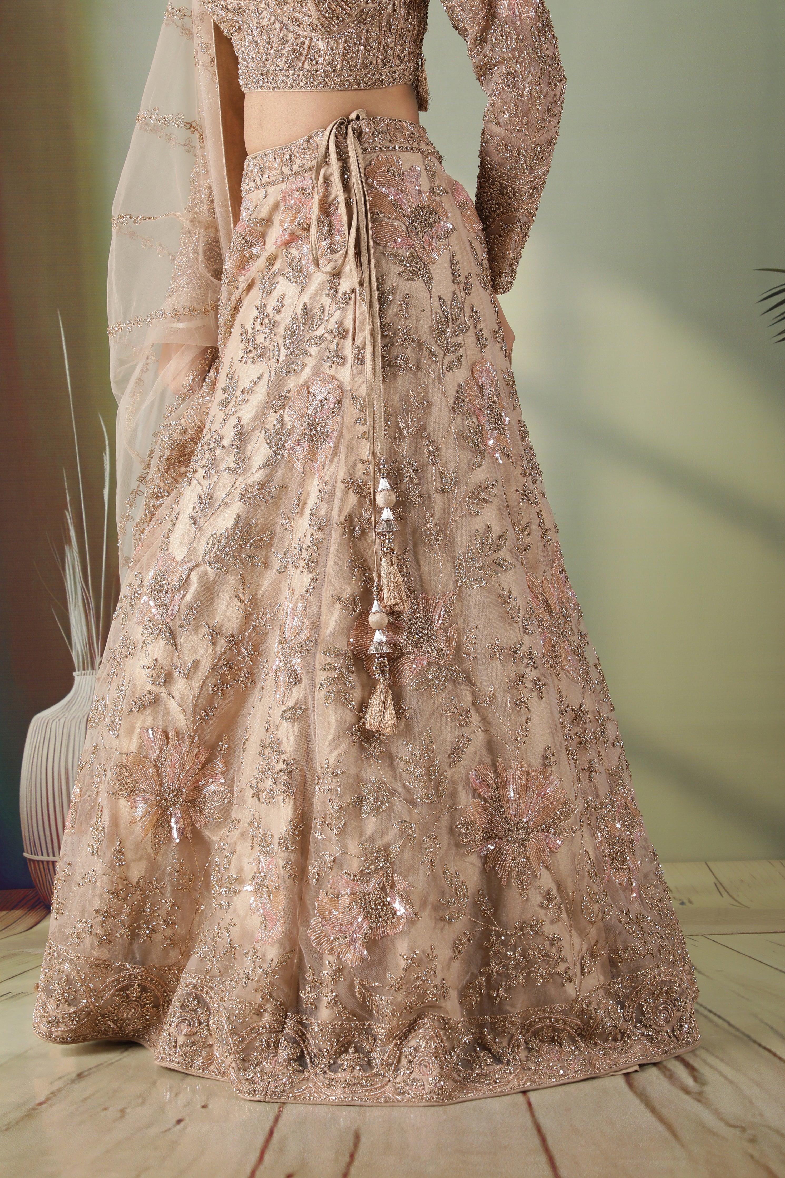 Champagne Gold Floral Embroidered Net Lehenga Set - Mokshaa