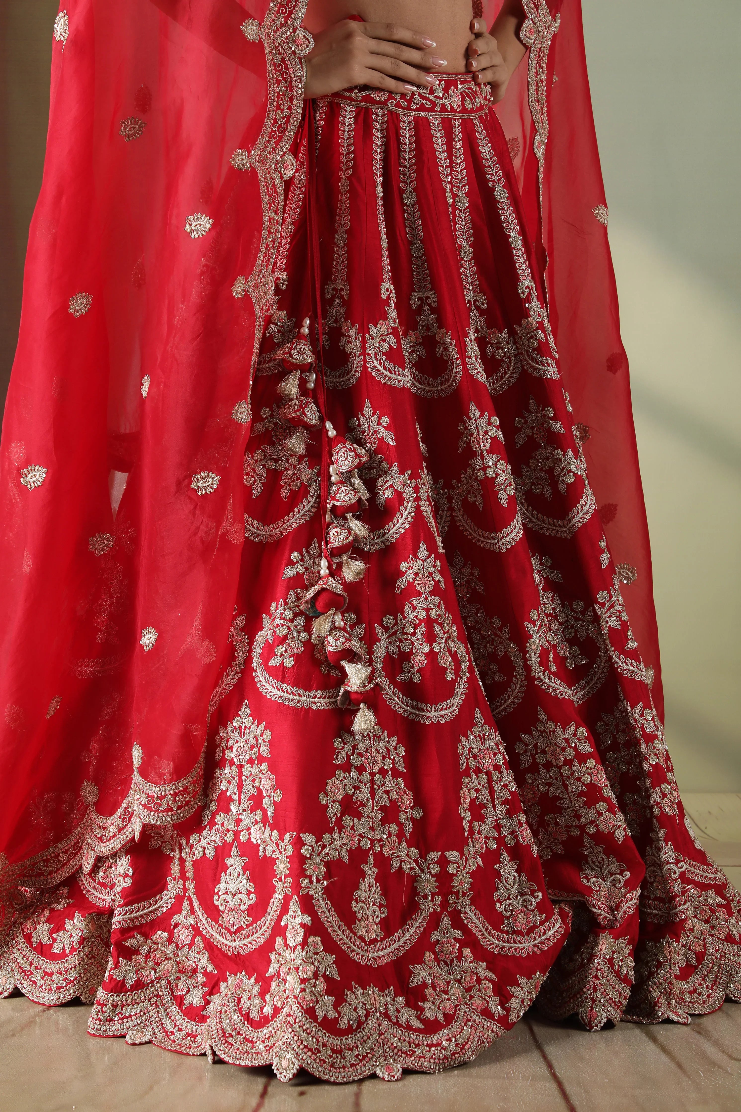 Red Raw Silk Bridal Lehenga Set - Mokshaa
