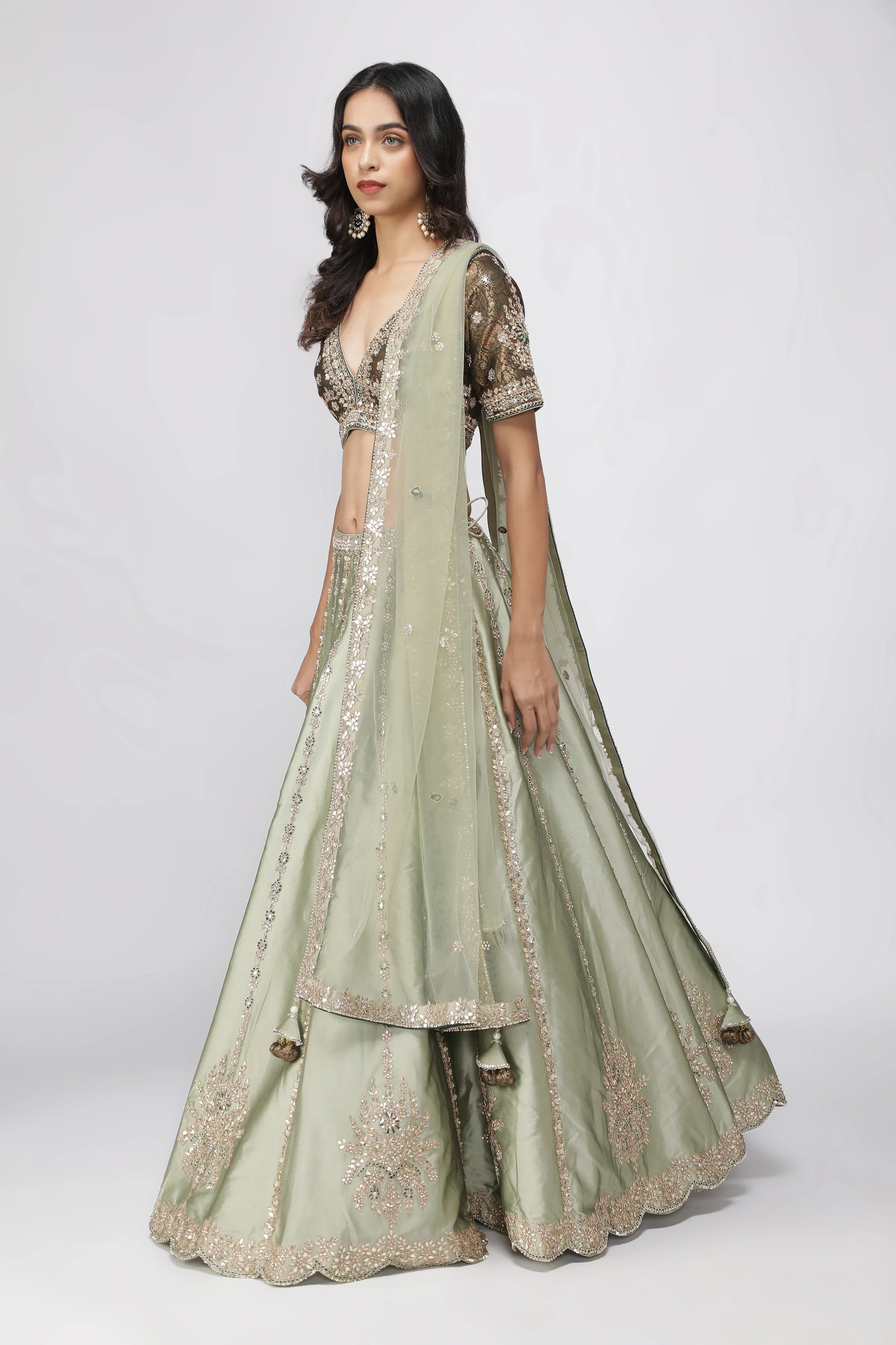 Mint Green Silk Lehenga with Bottle Green Banarasi Blouse - Mokshaa