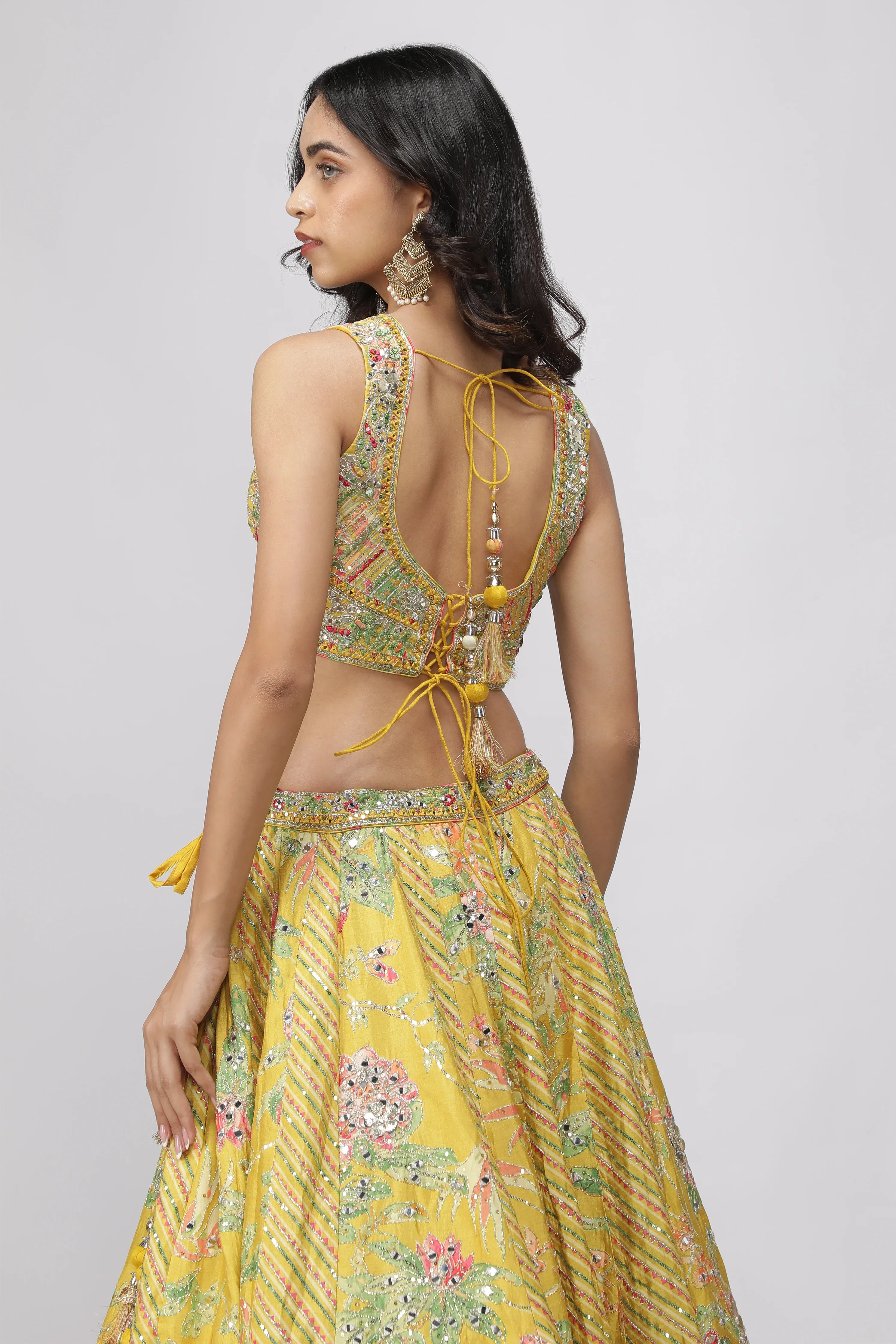 Yellow Silk Floral Printed Lehenga Set - Mokshaa